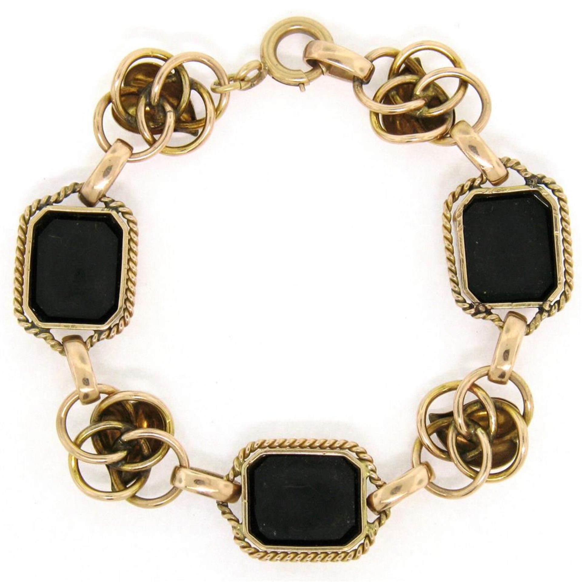 Retro Vintage 14kt Green and Rose Gold Black Onyx and Open Leaf Link Bracelet - Image 3 of 6