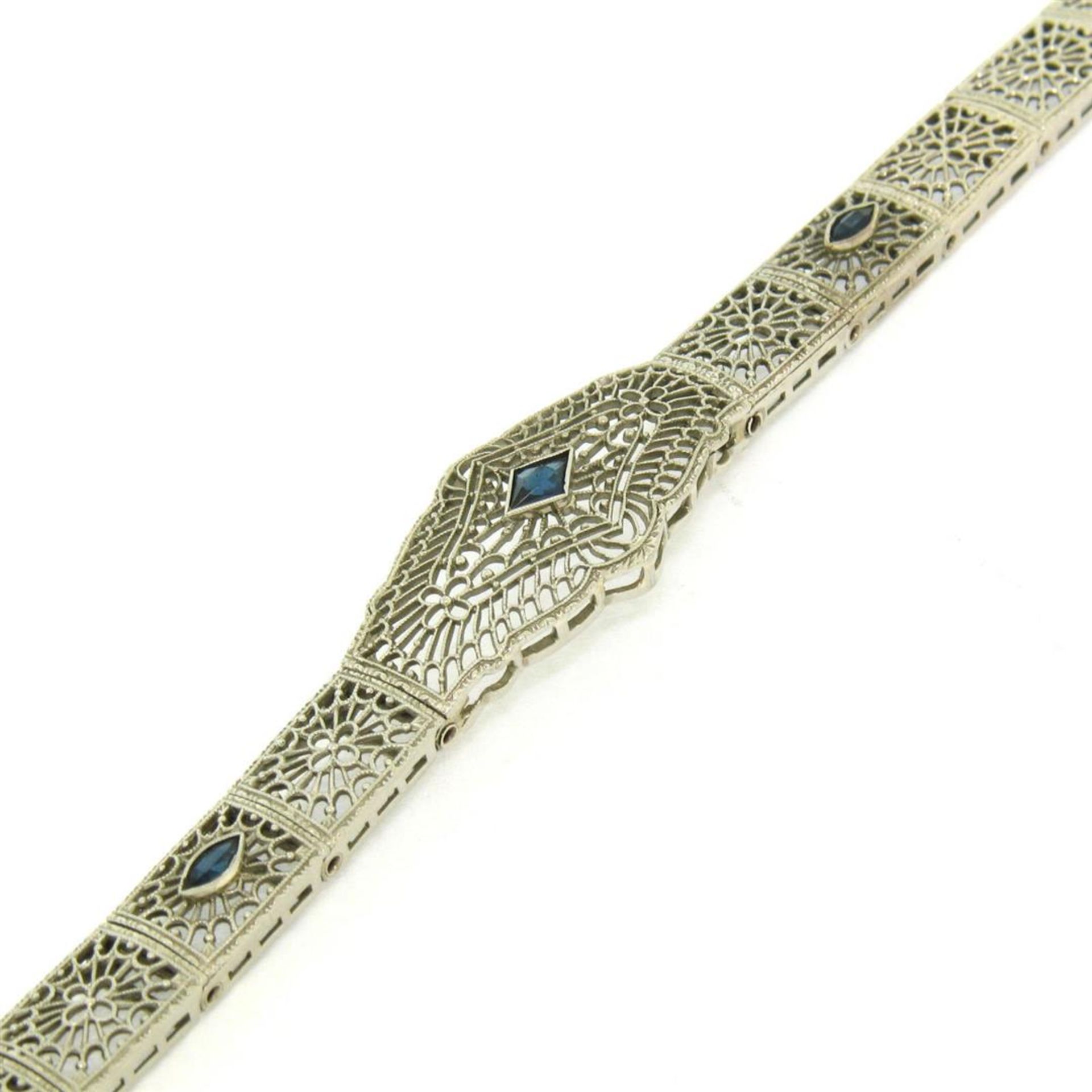 Antique Art Deco 10k White Gold 7" Wide Marquise Filigree & Sapphire Bracelet - Image 9 of 9