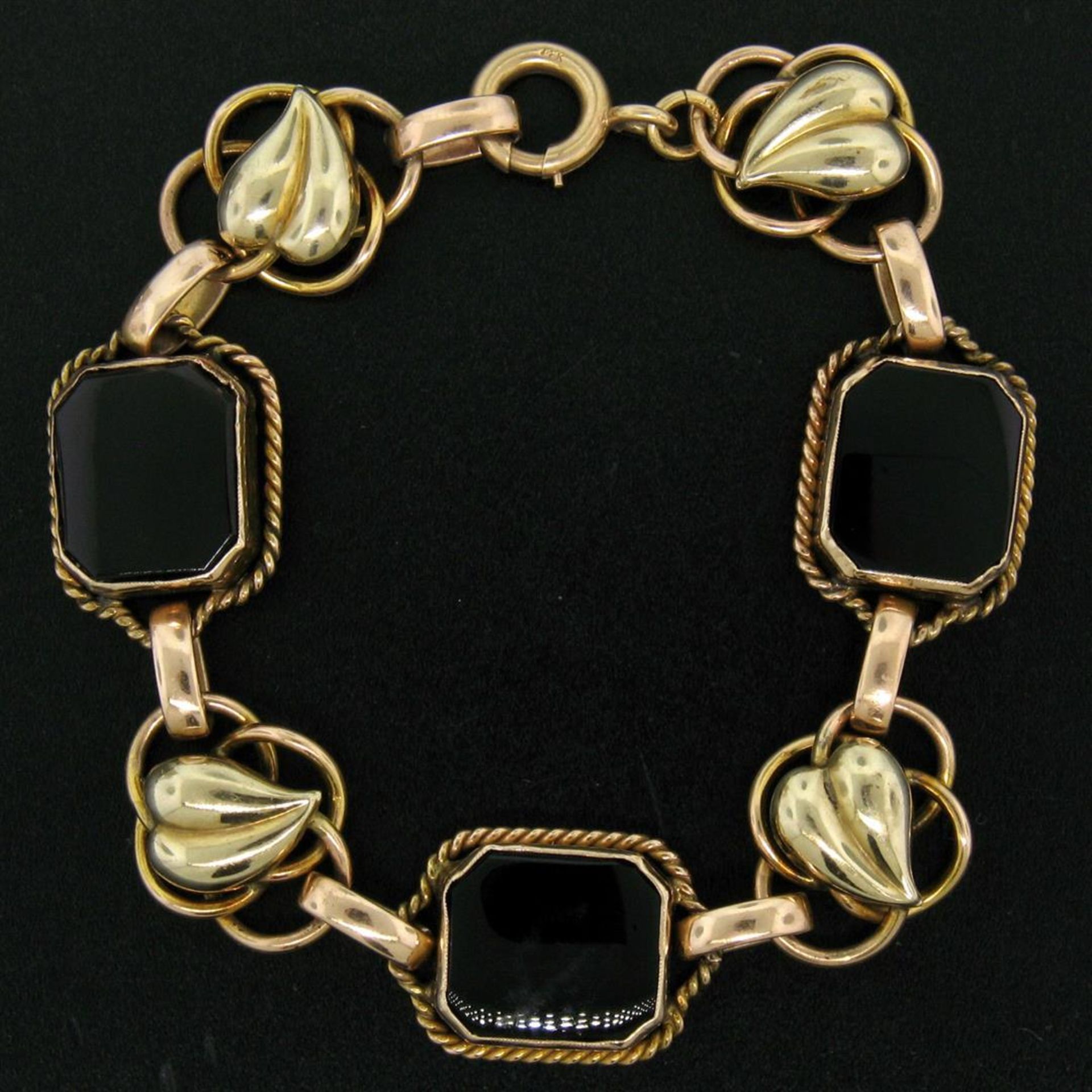 Retro Vintage 14kt Green and Rose Gold Black Onyx and Open Leaf Link Bracelet - Image 2 of 6