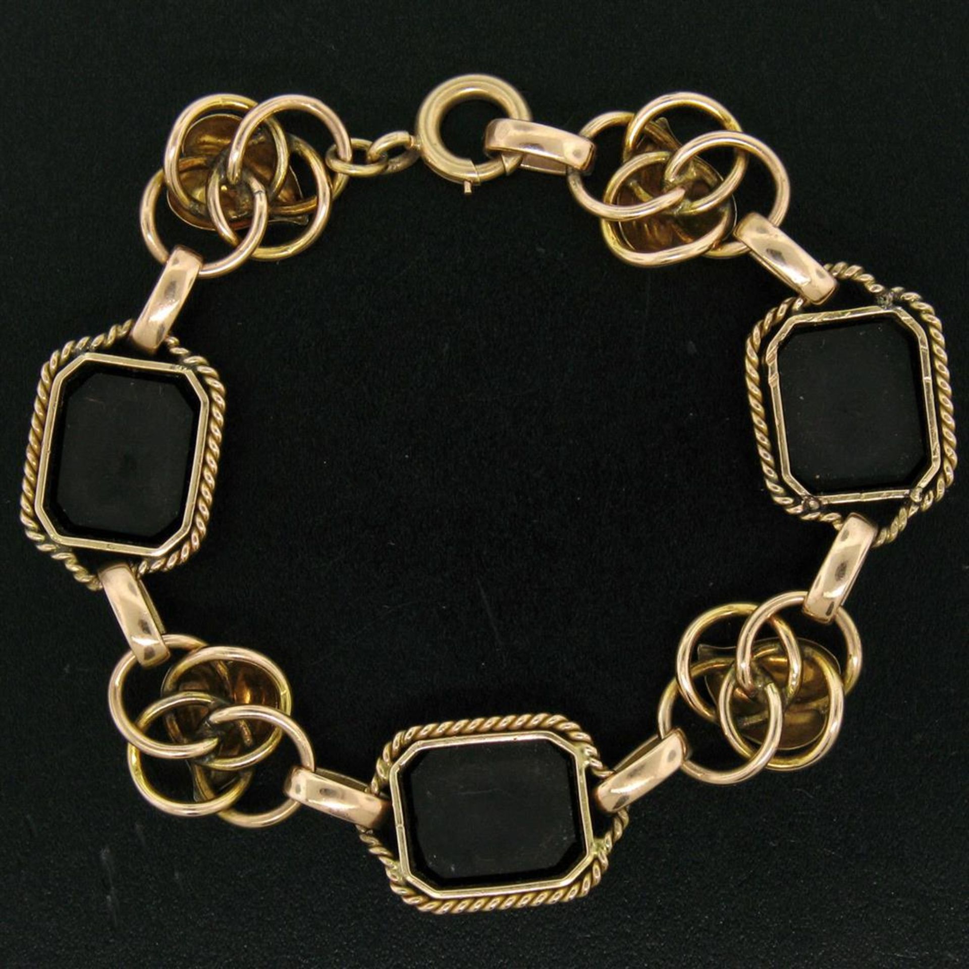 Retro Vintage 14kt Green and Rose Gold Black Onyx and Open Leaf Link Bracelet - Image 4 of 6