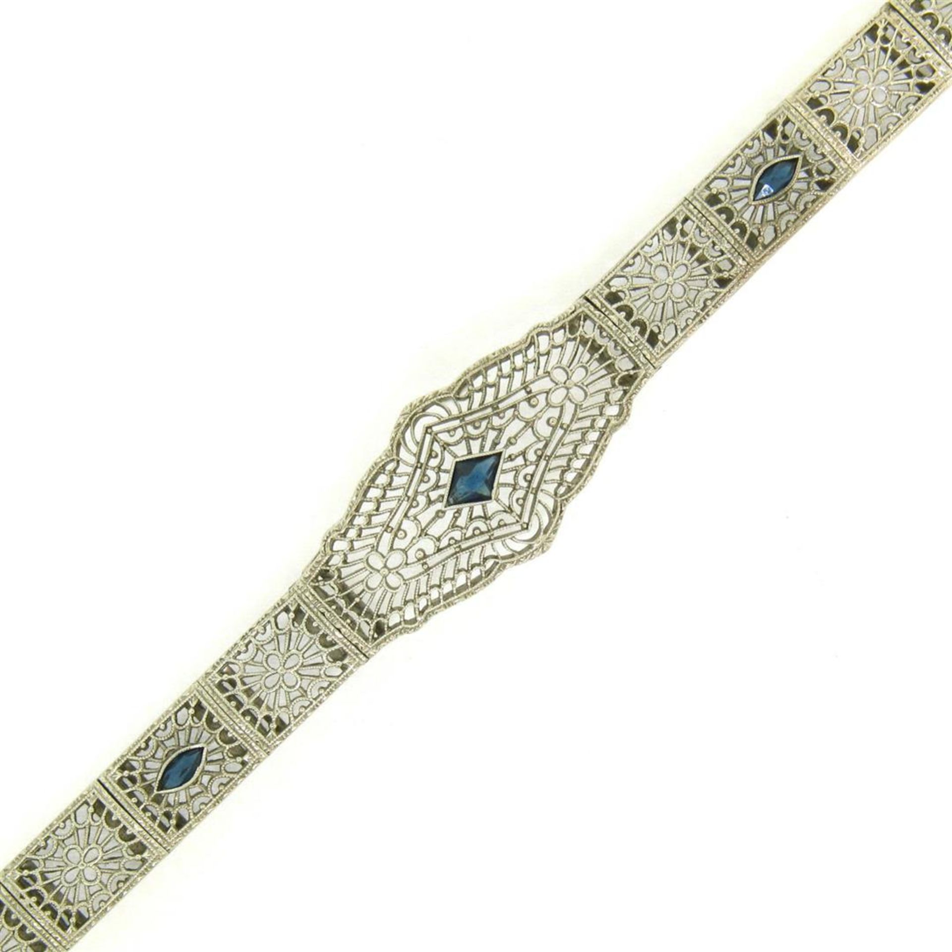Antique Art Deco 10k White Gold 7" Wide Marquise Filigree & Sapphire Bracelet