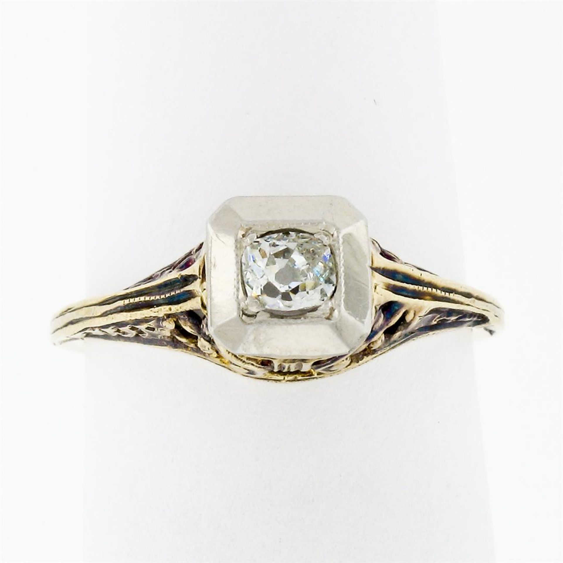 Antique Edwardian 14K TT Gold 0.15 ctw Old Mine Diamond Filigree Engagement Ring - Image 4 of 7