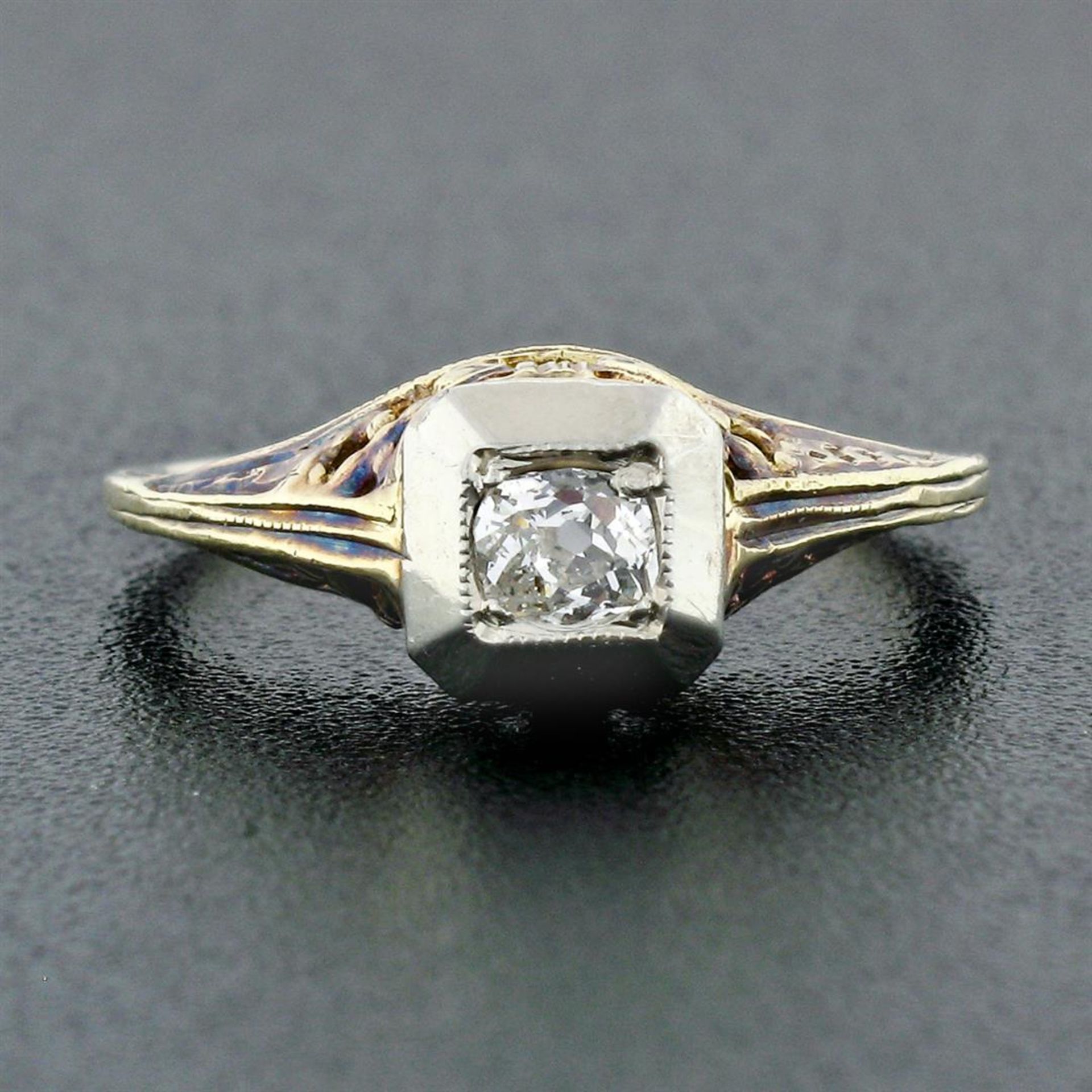 Antique Edwardian 14K TT Gold 0.15 ctw Old Mine Diamond Filigree Engagement Ring - Image 2 of 7