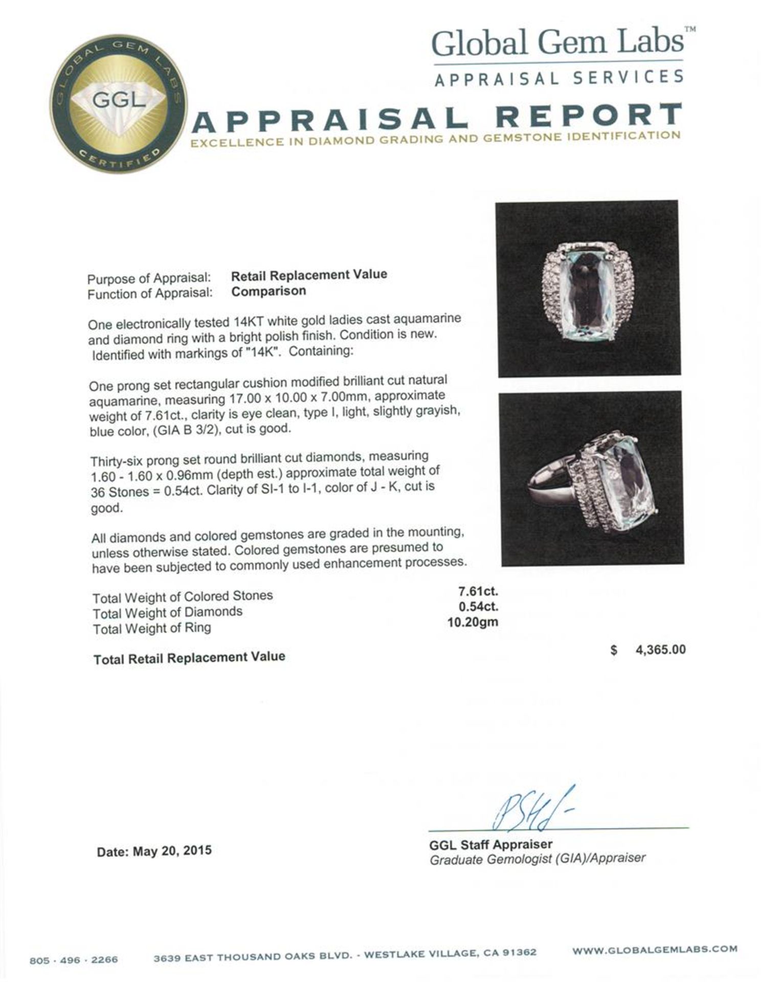 14KT White Gold 7.61 ctw Aquamarine and Diamond Ring - Image 3 of 3