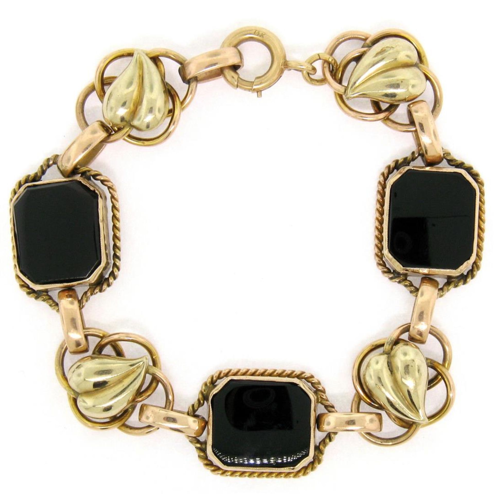 Retro Vintage 14kt Green and Rose Gold Black Onyx and Open Leaf Link Bracelet