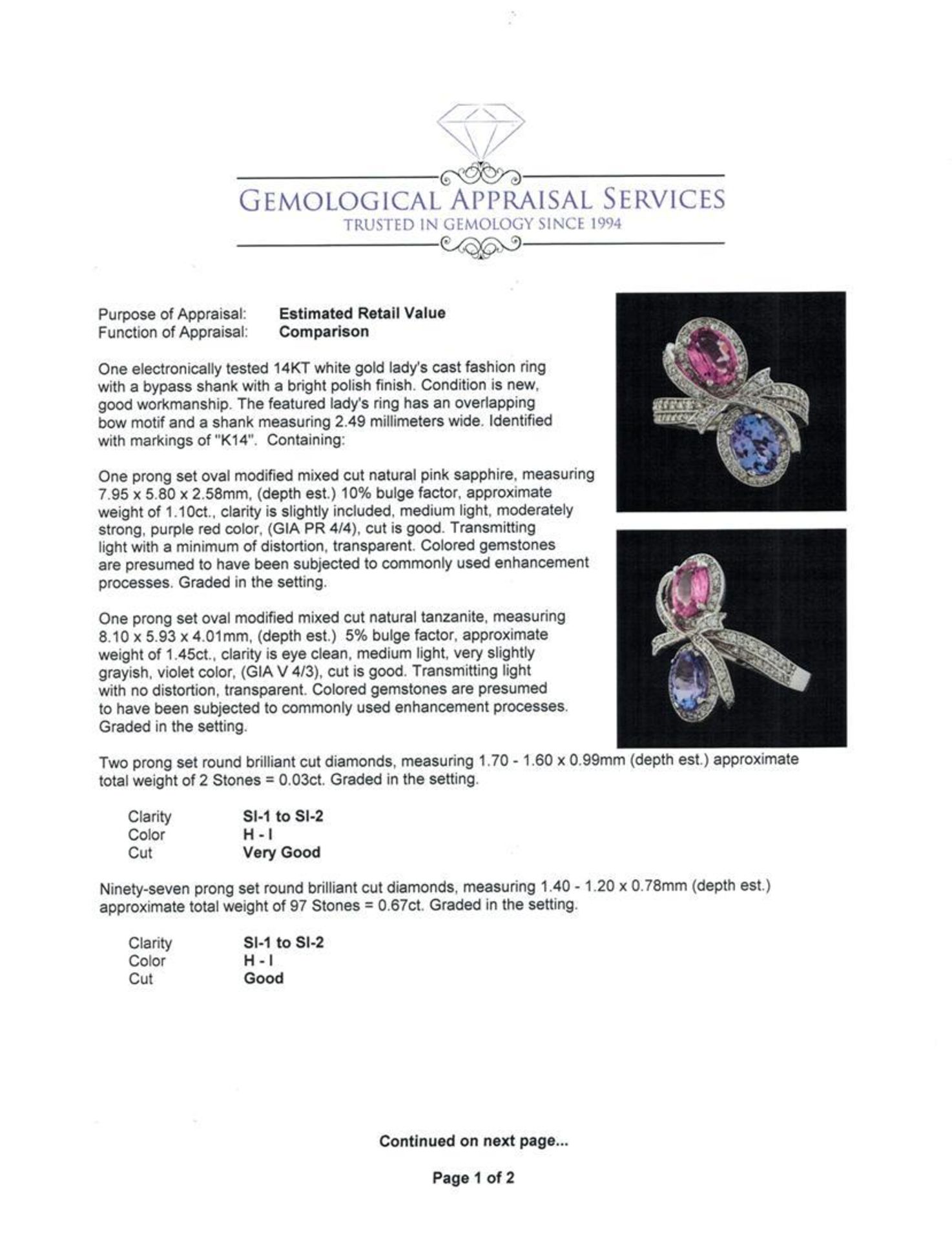 2.55 ctw Tanzanite, Pink Sapphire, and Diamond Ring - 14KT White Gold - Image 5 of 6