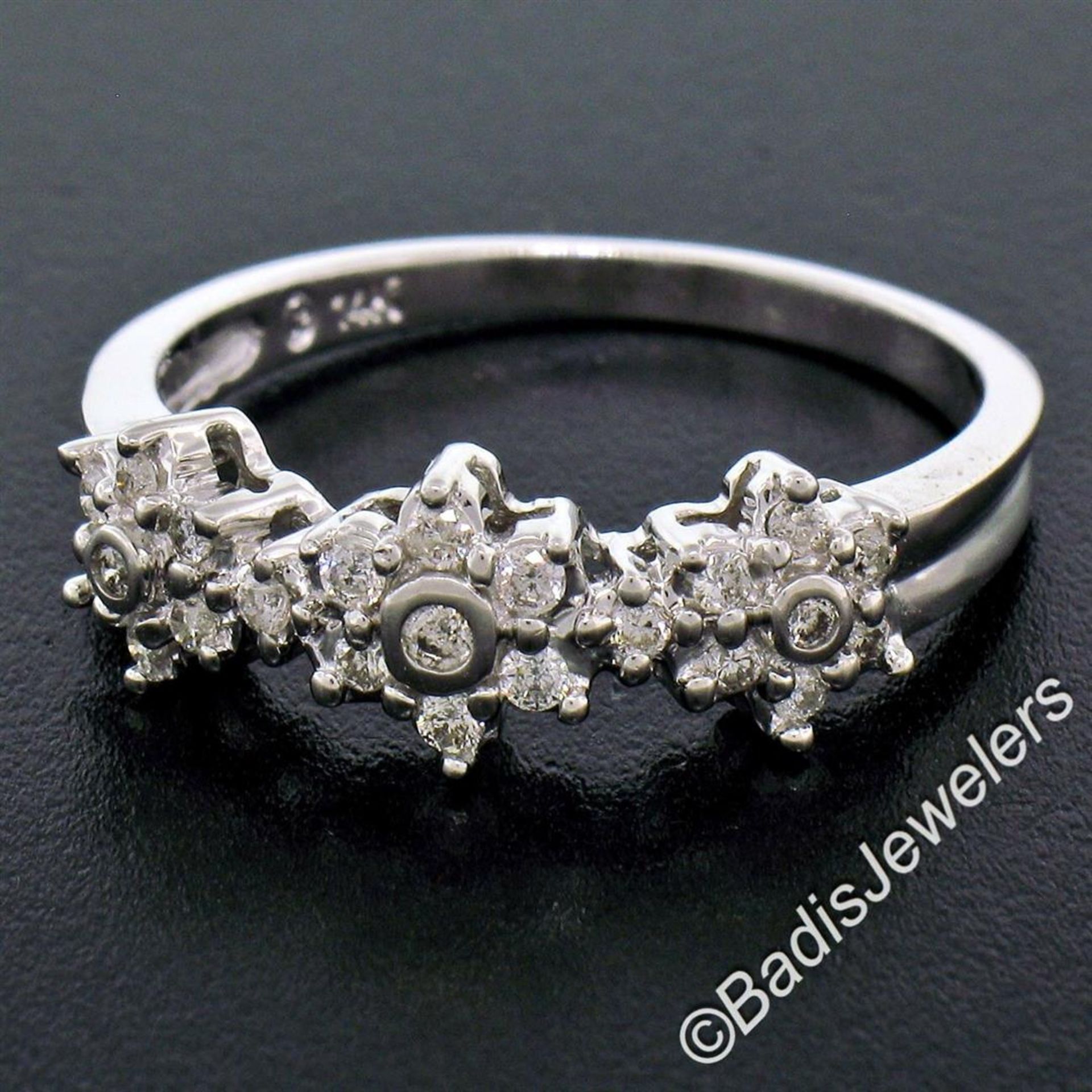 New 14kt White Gold 0.60 ctw Round Brilliant Diamond 3 Flower Cluster Ring - Image 2 of 7