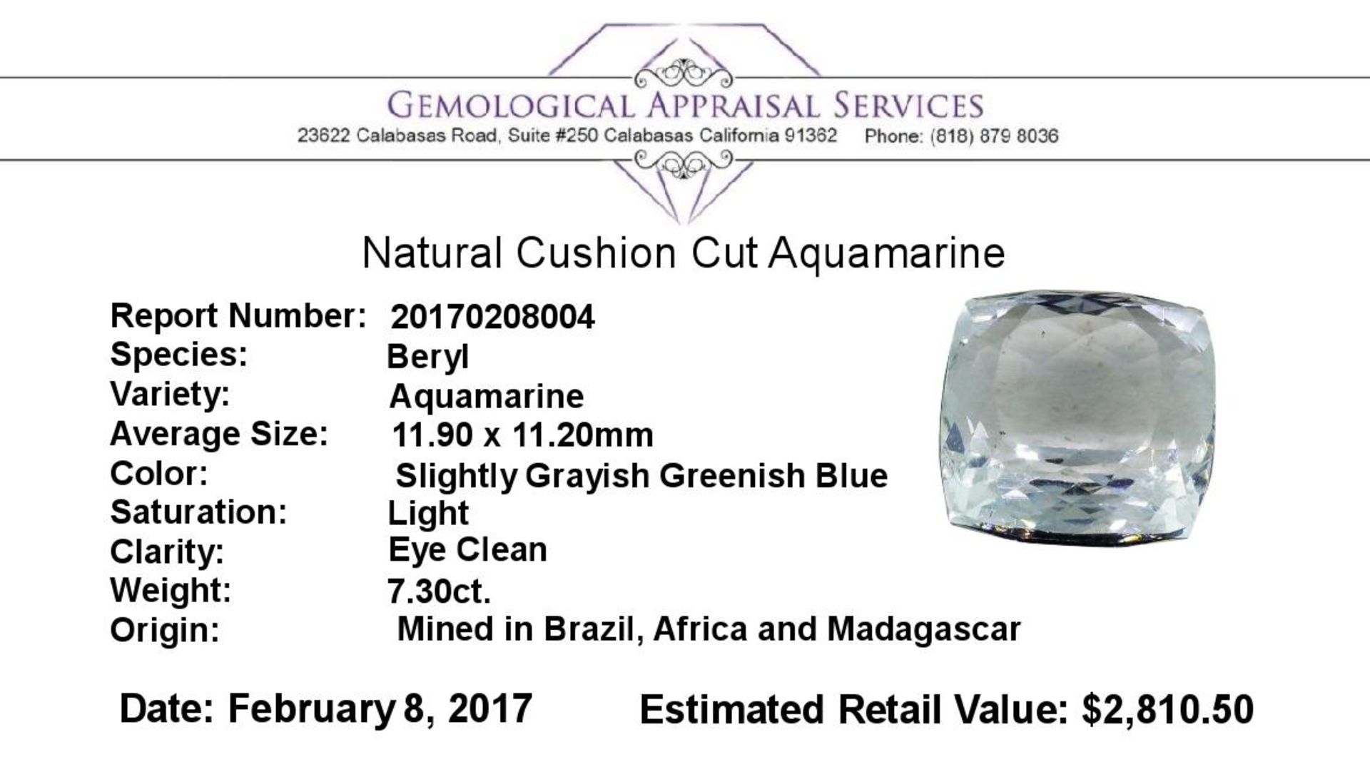 7.30 ct.Natural Cushion Cut Aquamarine - Image 2 of 2