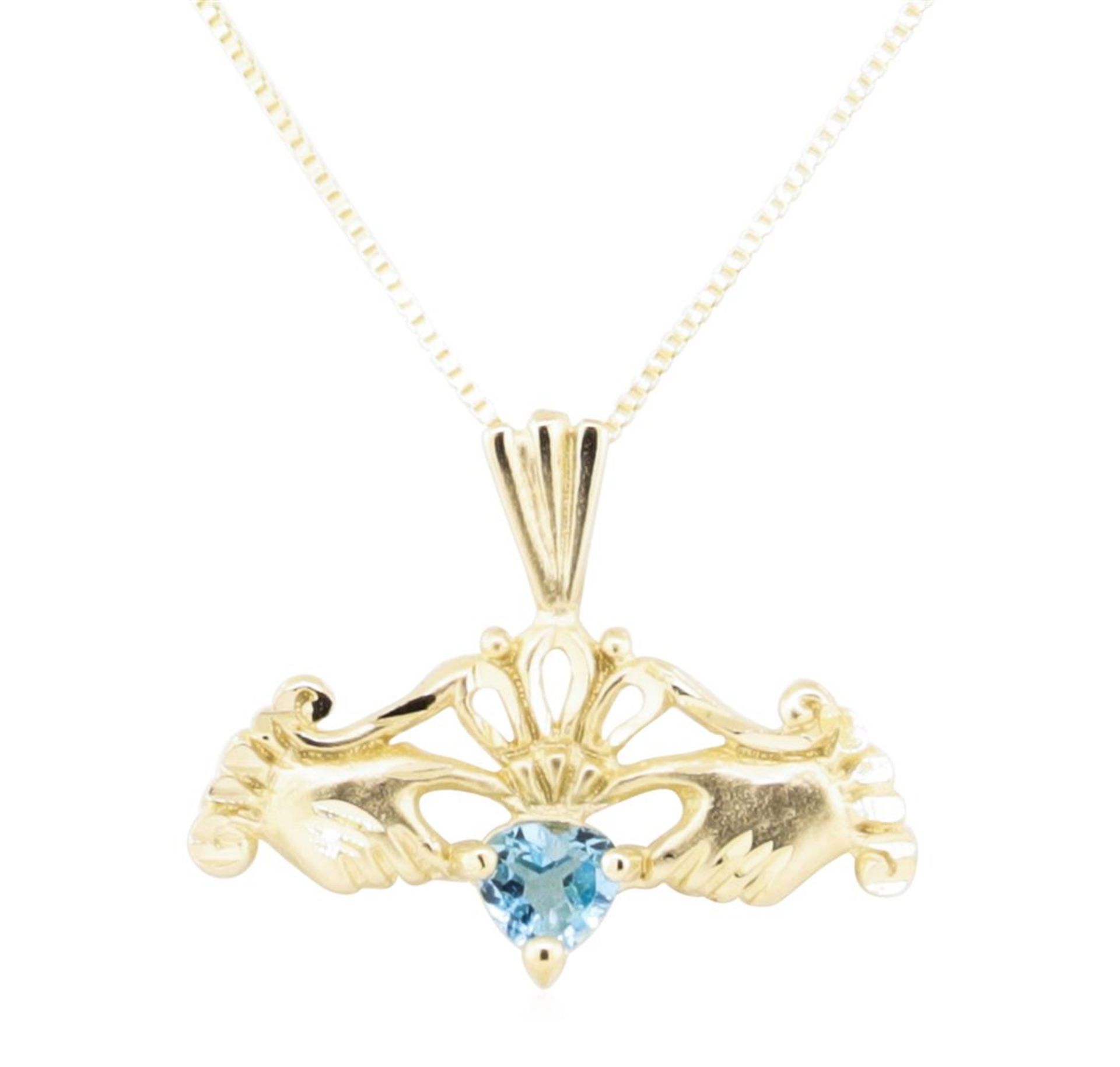 0.25 ctw Blue Topaz Claddagh Pendant with Chain - 14KT Yellow Gold - Image 2 of 2