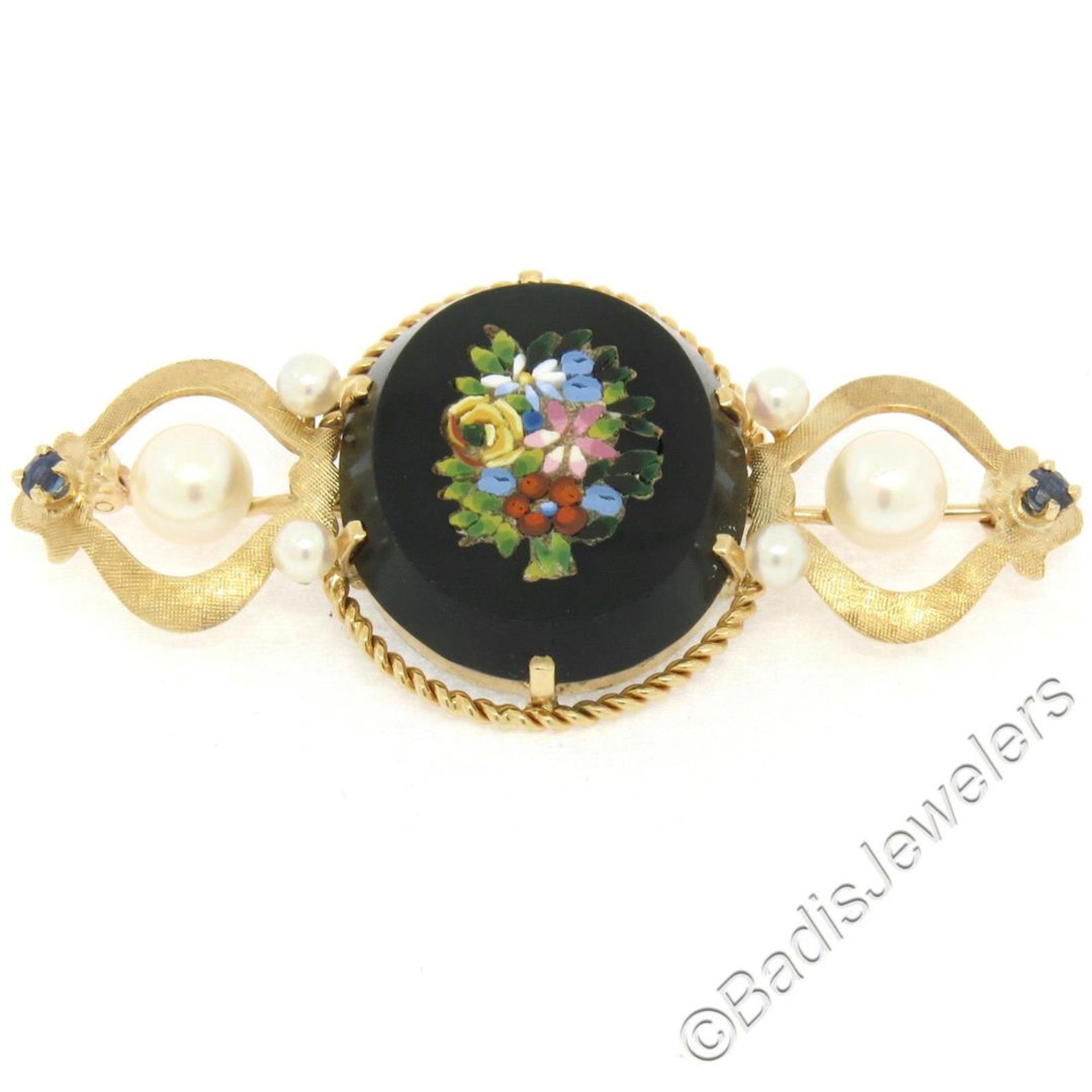 Vintage 14kt Yellow Gold Black Onyx Floral Mosaic Sapphire and Pearl Brooch Pin - Image 3 of 6