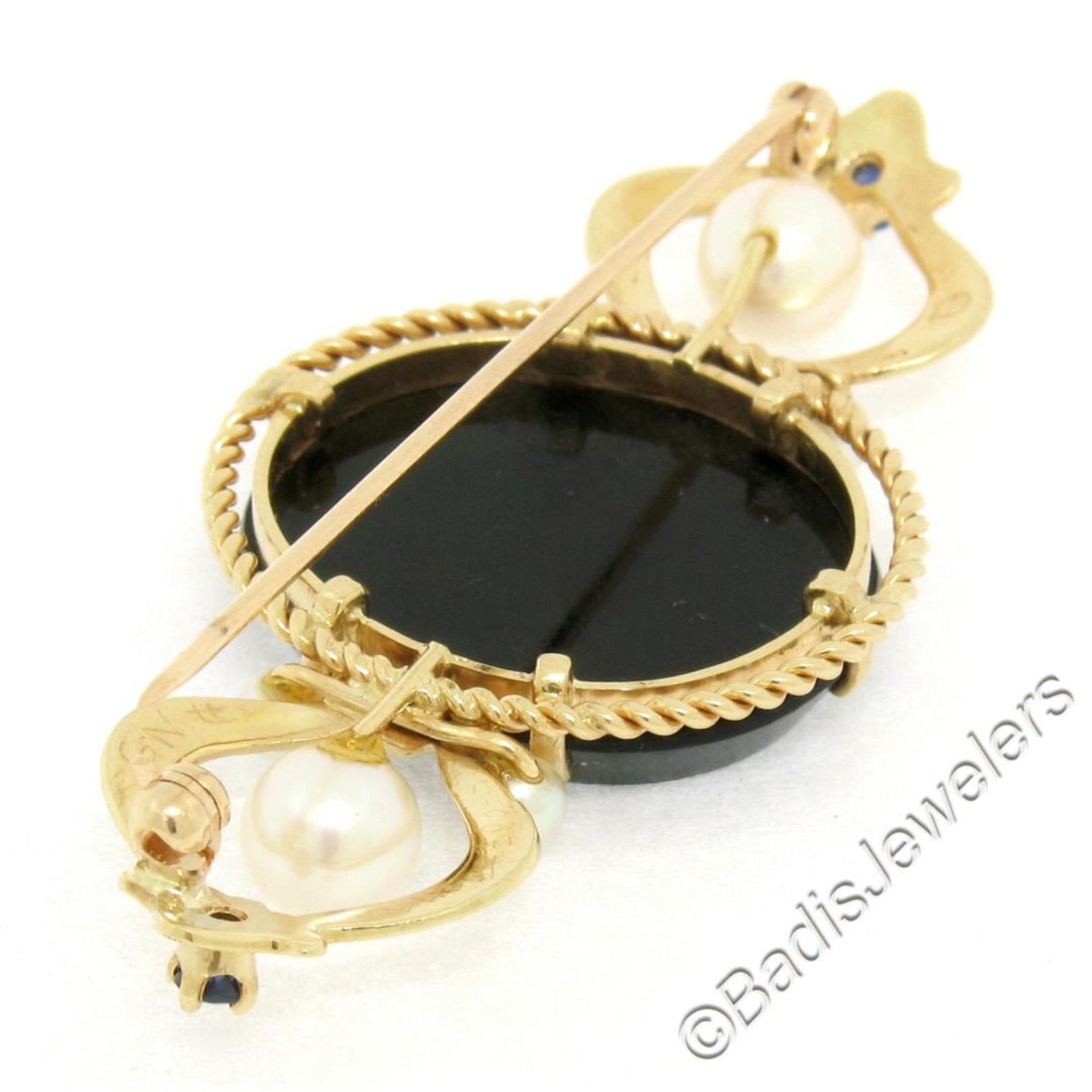 Vintage 14kt Yellow Gold Black Onyx Floral Mosaic Sapphire and Pearl Brooch Pin - Image 6 of 6