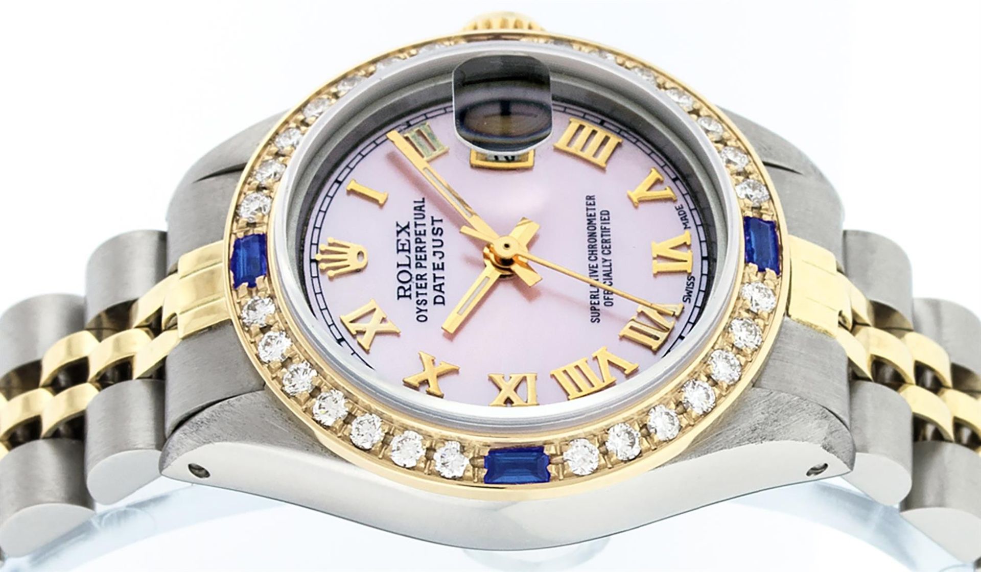 Rolex Ladies 2 Tone Pink Mother Of Pearl Roman & Sapphire Datejust Wristwatch 26 - Image 4 of 9