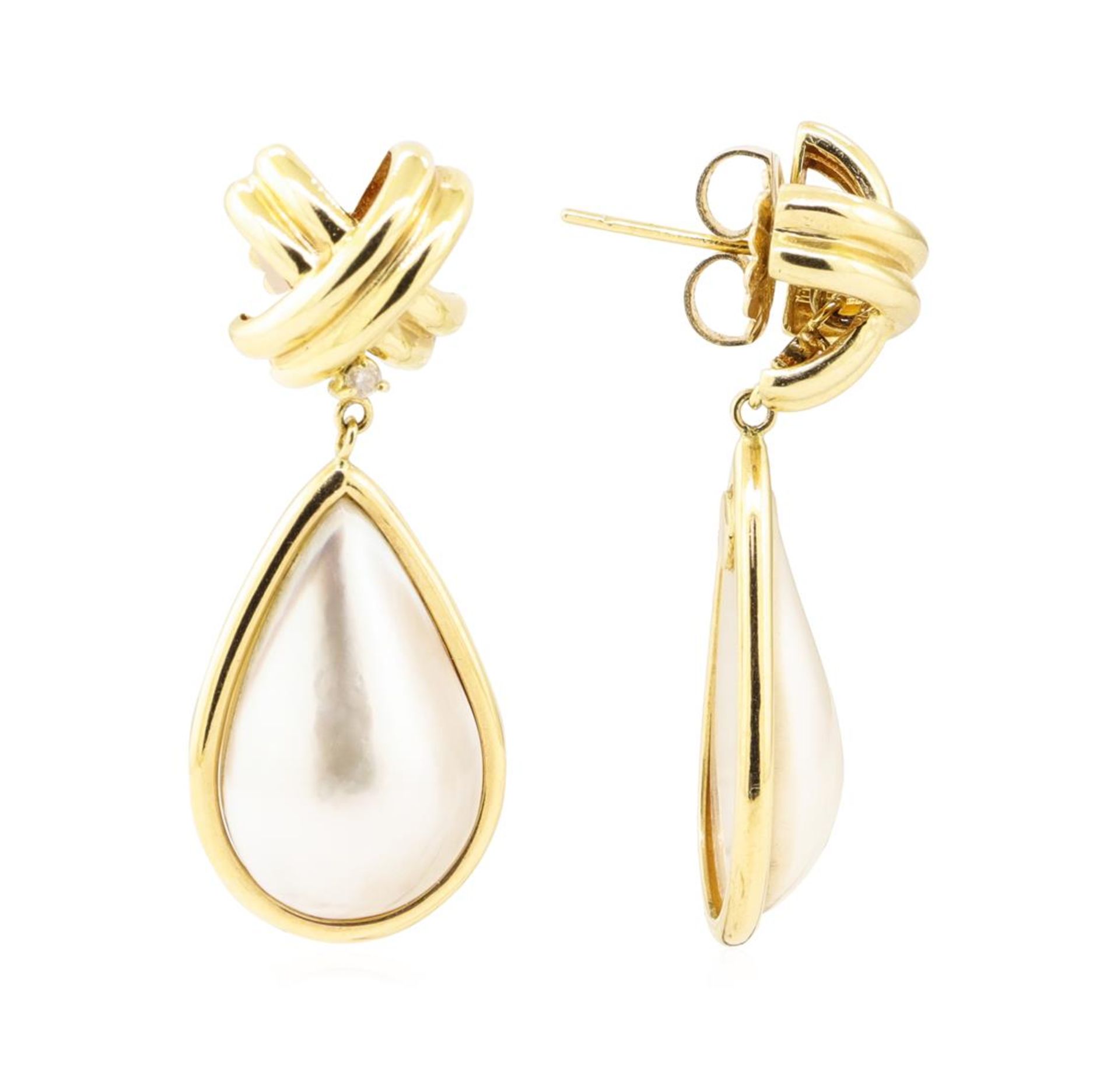 0.08 ctw Diamond and Mother of Pearl Dangle Earrings - 14KT Yellow Gold - Image 2 of 2