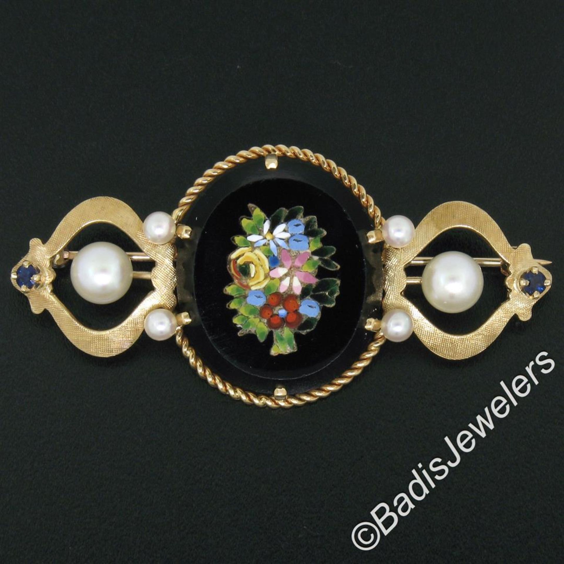 Vintage 14kt Yellow Gold Black Onyx Floral Mosaic Sapphire and Pearl Brooch Pin - Image 2 of 6