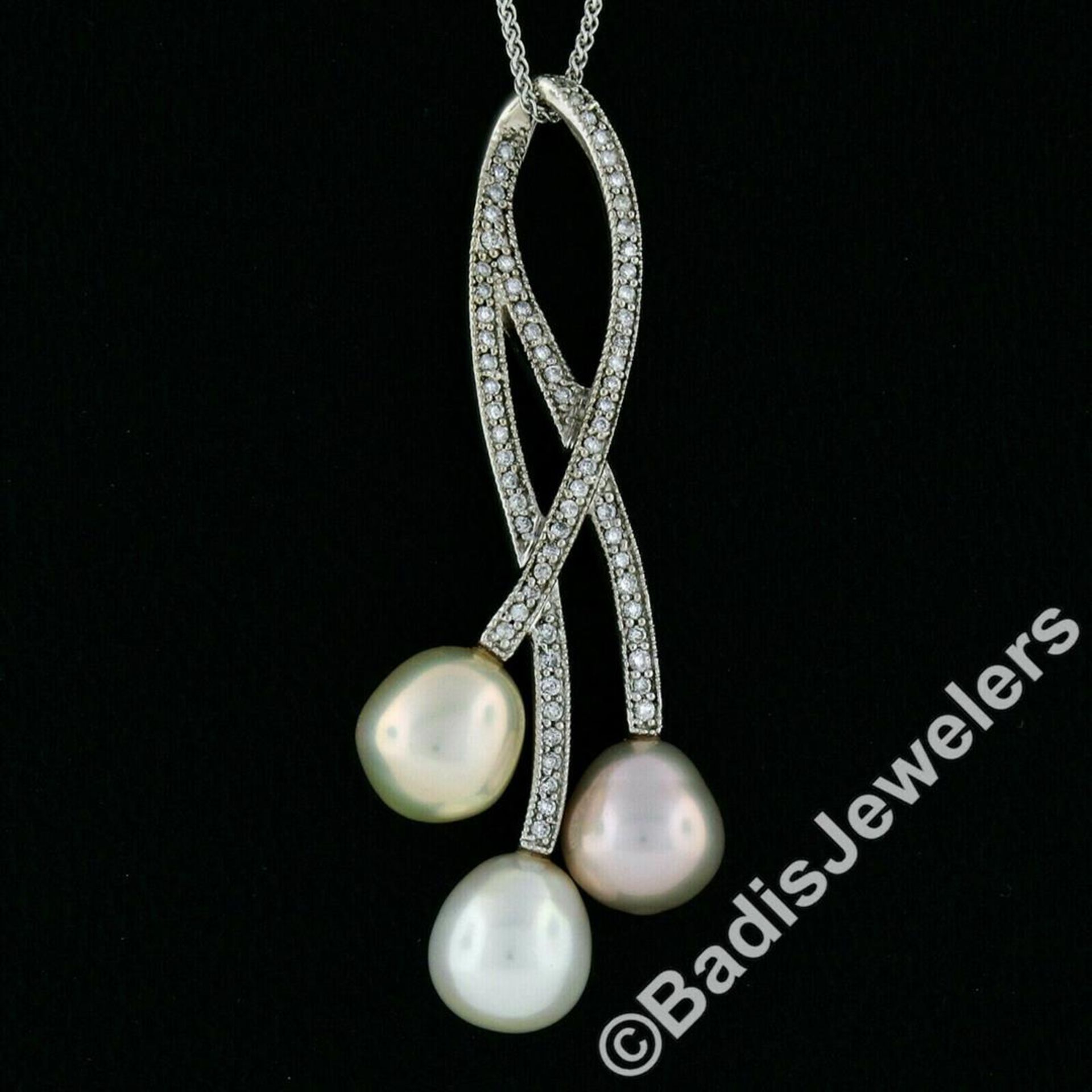 14kt White Gold 0.55 ctw Diamond & Tri-Color Pearl Tulip Flower Pendant Necklace - Image 2 of 7