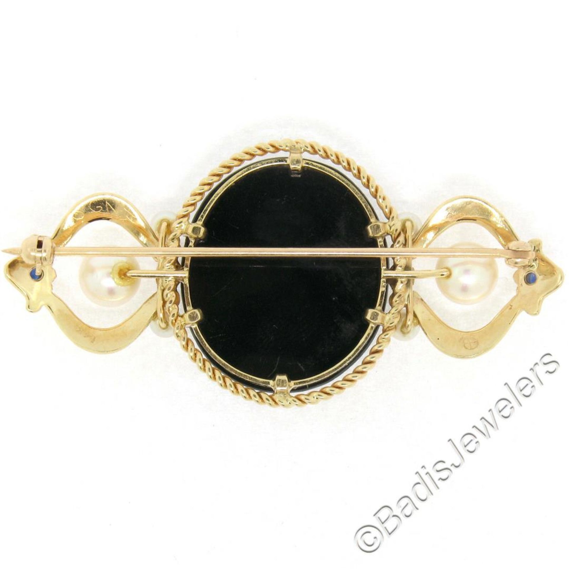 Vintage 14kt Yellow Gold Black Onyx Floral Mosaic Sapphire and Pearl Brooch Pin - Image 4 of 6