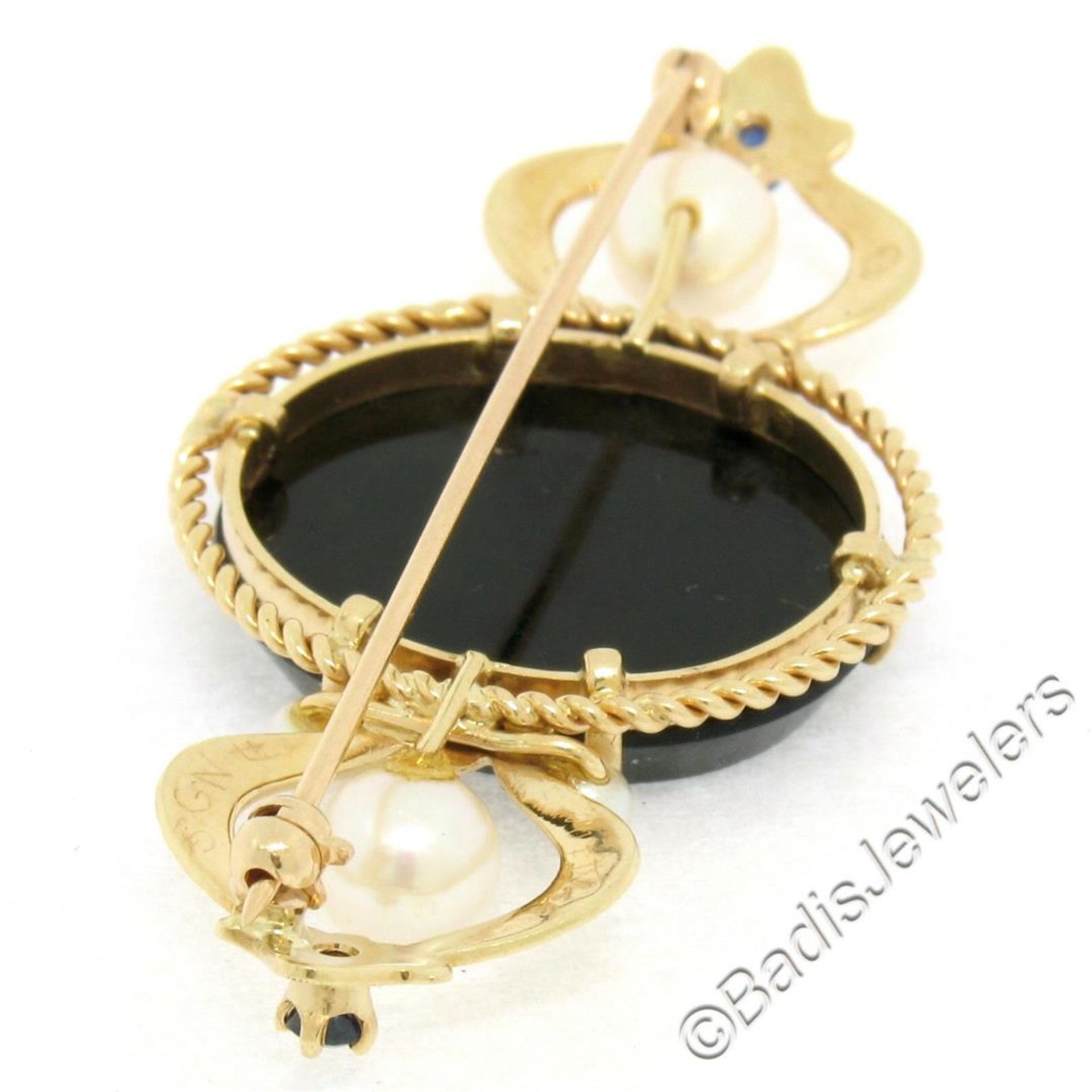 Vintage 14kt Yellow Gold Black Onyx Floral Mosaic Sapphire and Pearl Brooch Pin - Image 5 of 6