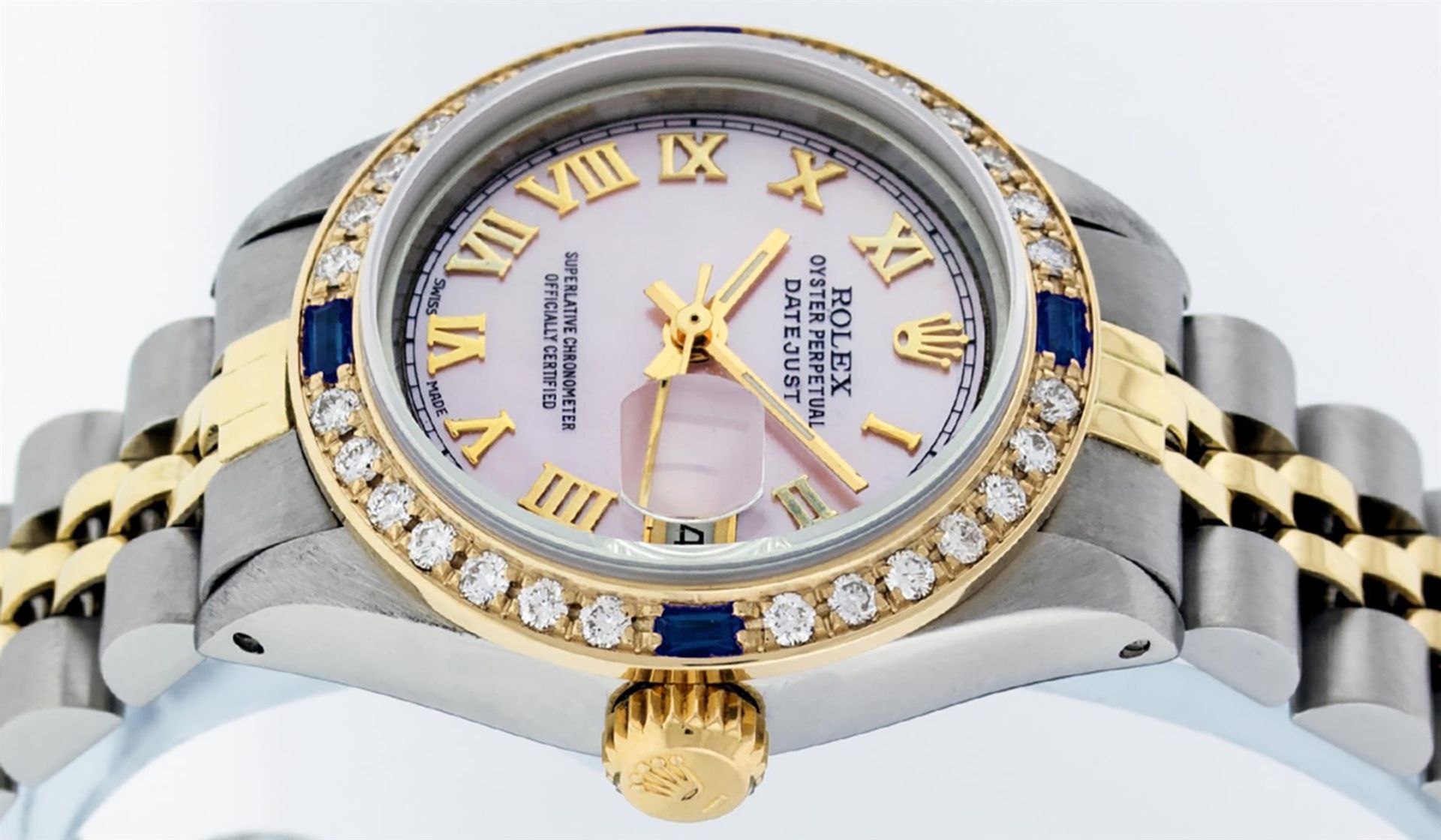 Rolex Ladies 2 Tone Pink Mother Of Pearl Roman & Sapphire Datejust Wristwatch 26 - Image 5 of 9