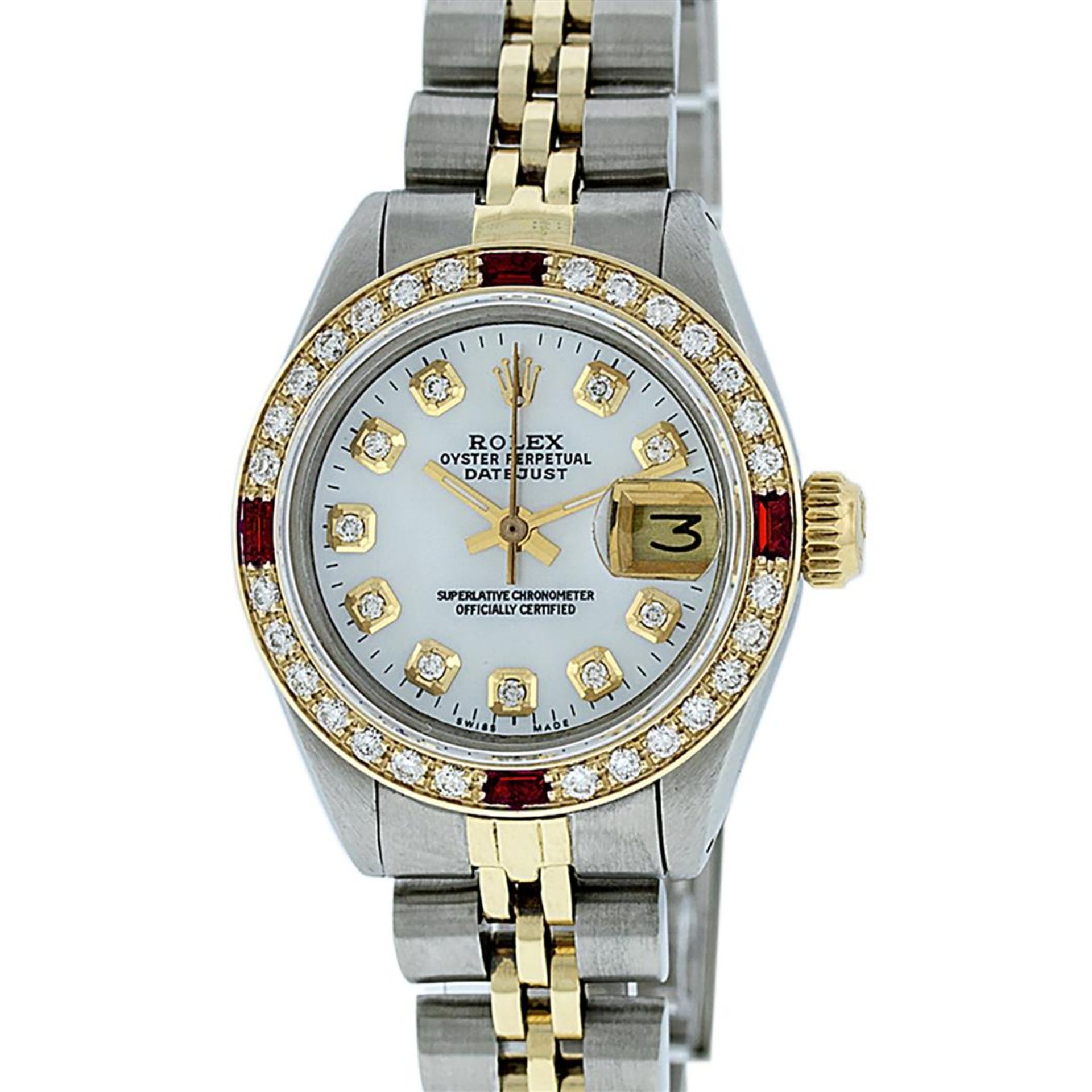 Rolex Ladies 2 Tone SS/YG MOP Diamond & Ruby Oyster Perpetual Datejust Wristwatc