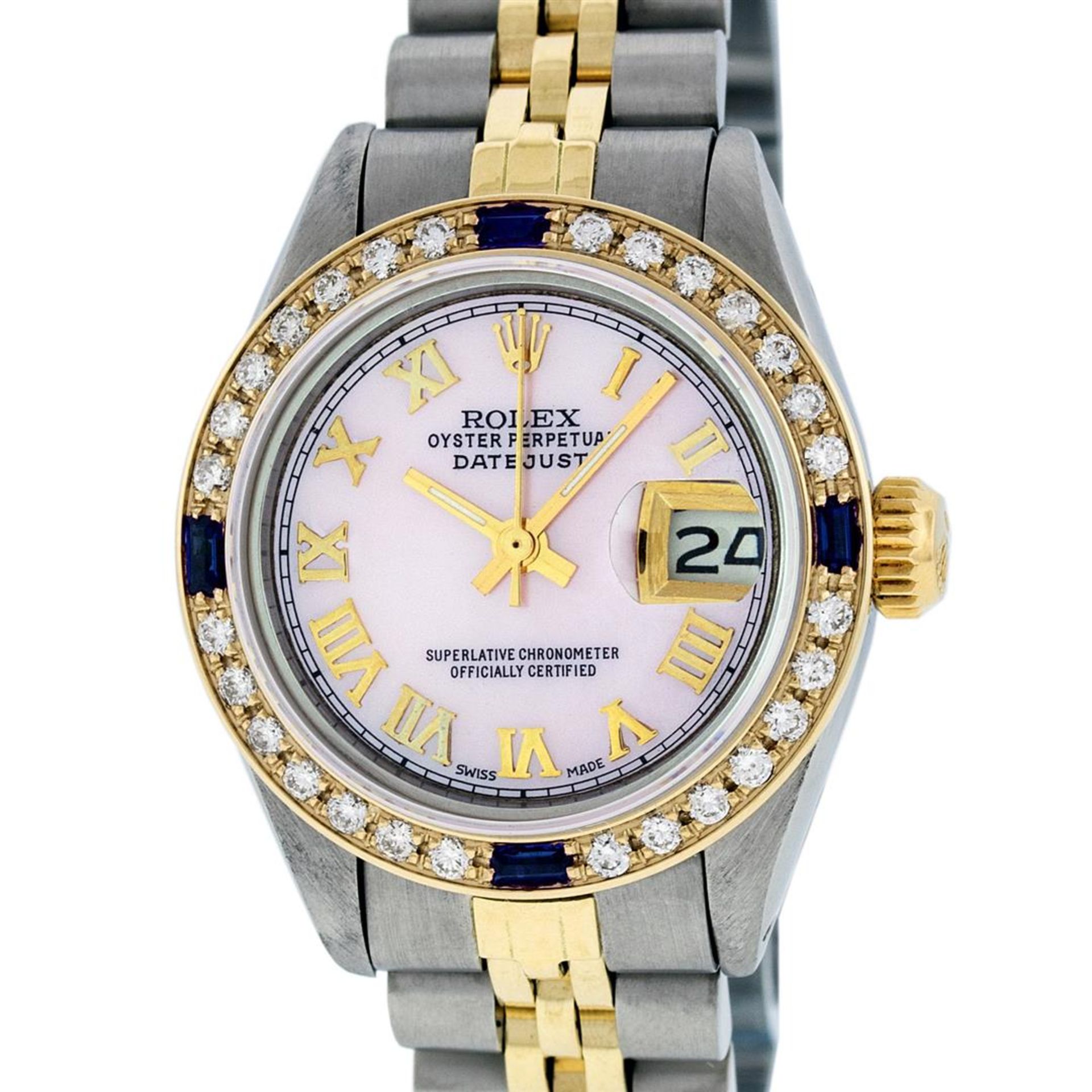 Rolex Ladies 2 Tone Pink Mother Of Pearl Roman & Sapphire Datejust Wristwatch 26 - Image 6 of 9