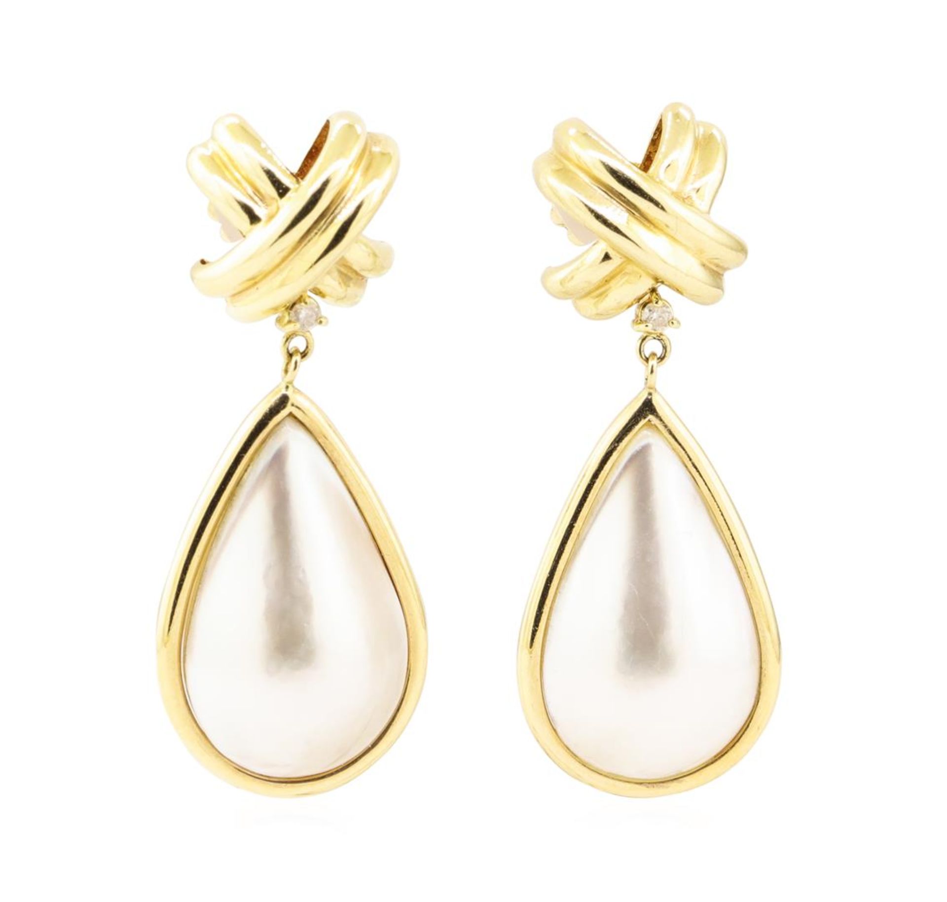 0.08 ctw Diamond and Mother of Pearl Dangle Earrings - 14KT Yellow Gold