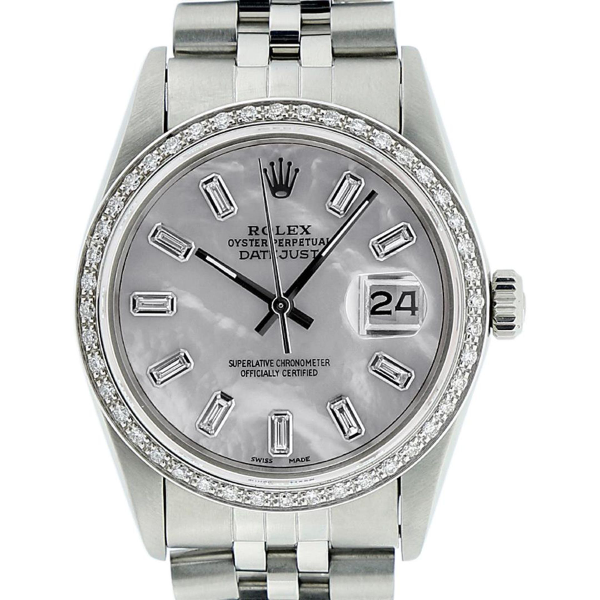 Rolex Mens Stainless Steel MOP Baguette Diamond 36MM Datejust Wristwatch