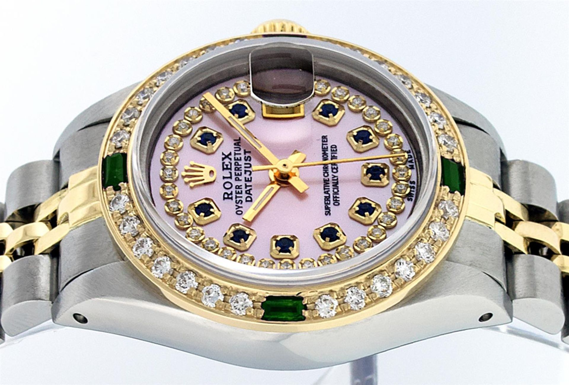 Rolex Ladies 2 Tone Pink MOP Sapphire & Emerald 26MM Oyster Datejust Wriswatch - Image 4 of 9