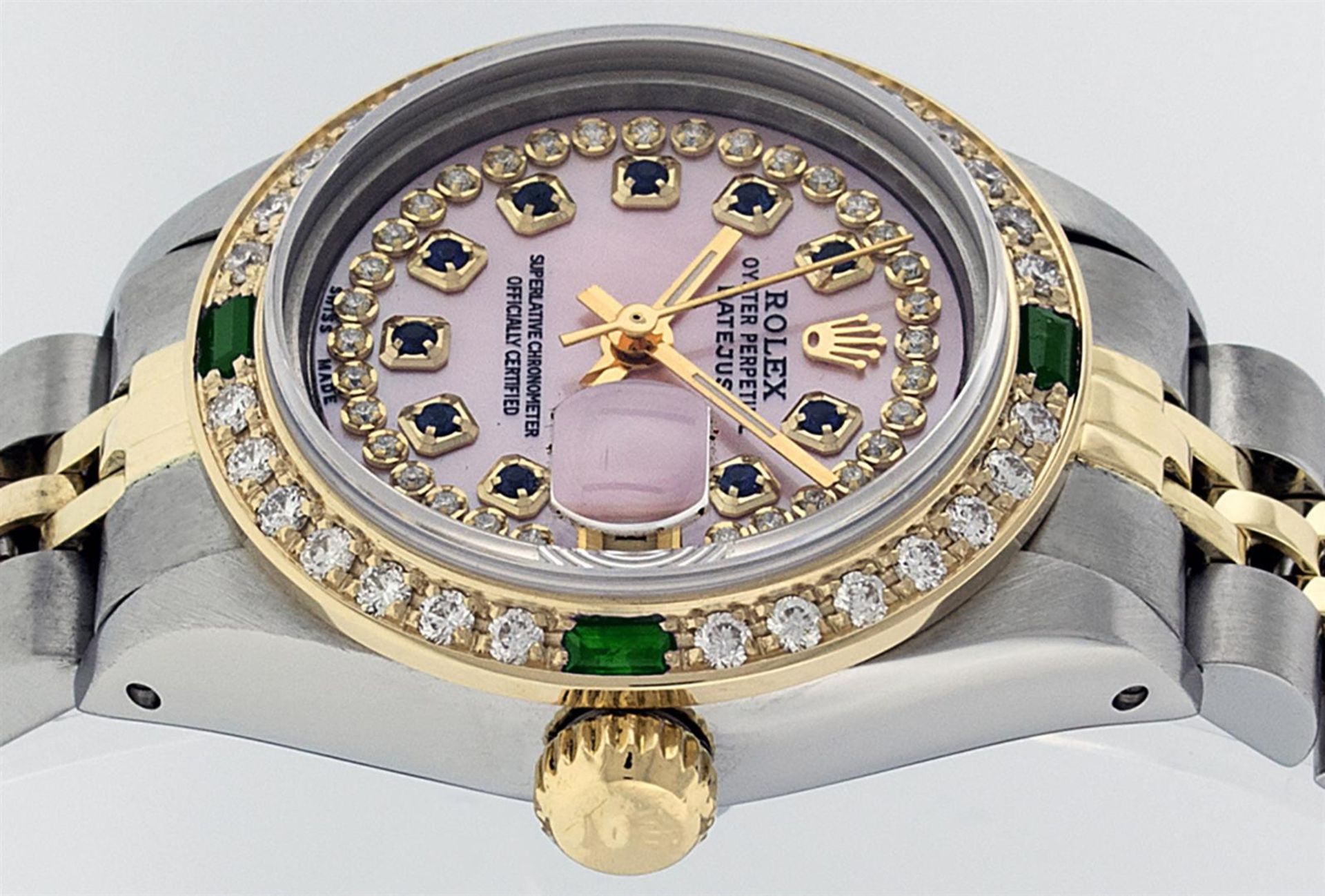 Rolex Ladies 2 Tone Pink MOP Sapphire & Emerald 26MM Oyster Datejust Wriswatch - Image 3 of 9