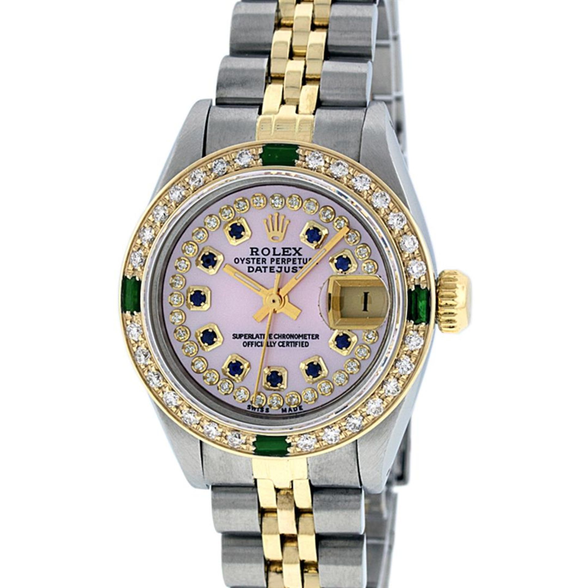 Rolex Ladies 2 Tone Pink MOP Sapphire & Emerald 26MM Oyster Datejust Wriswatch - Image 2 of 9