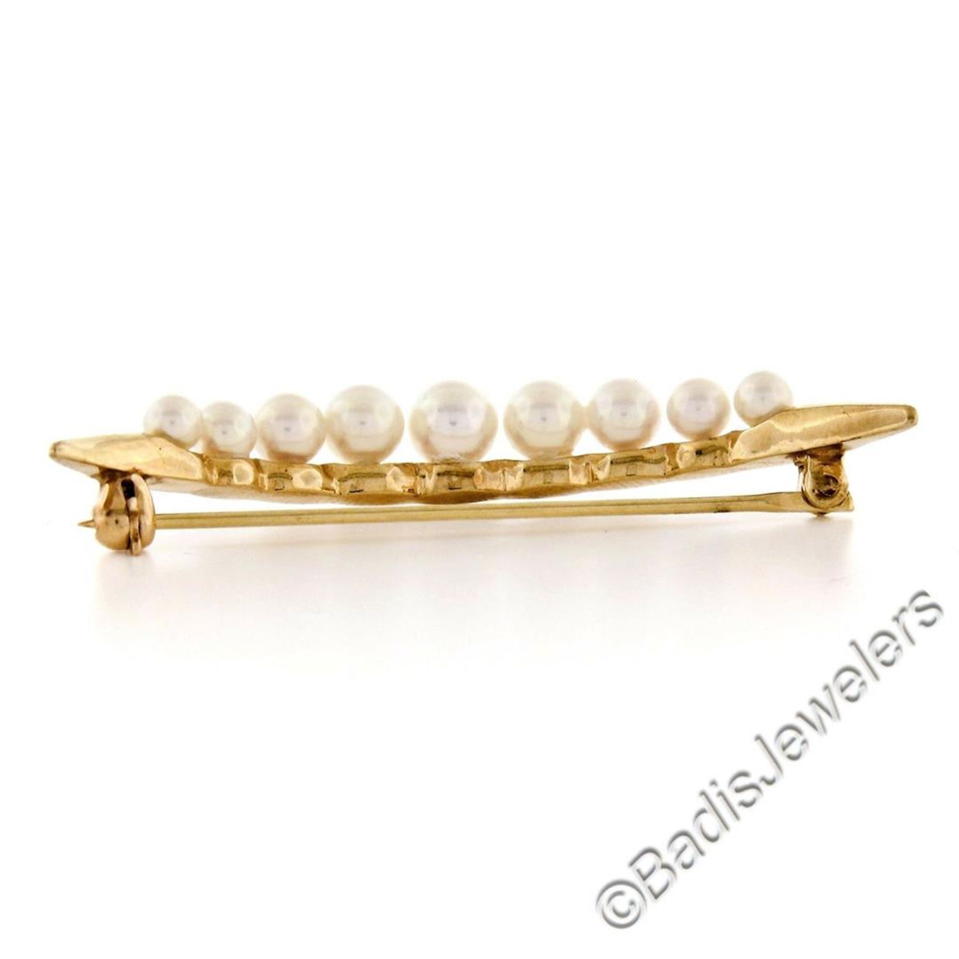 14kt Yellow Gold Graduated Round Cultured Pearl Polished Crescent Brooch - Image 4 of 6