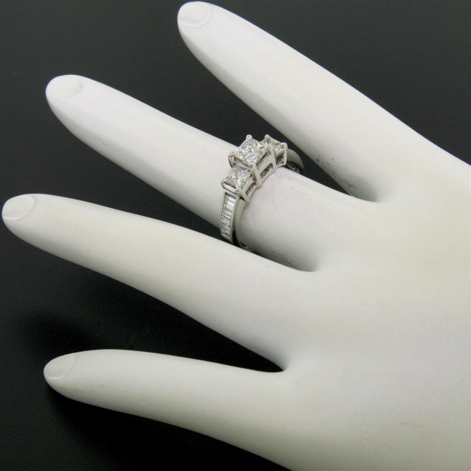 14k White Gold 1.45 ctw 3 Princess Diamond Engagement Ring w/ Baguette Accents - Image 6 of 18