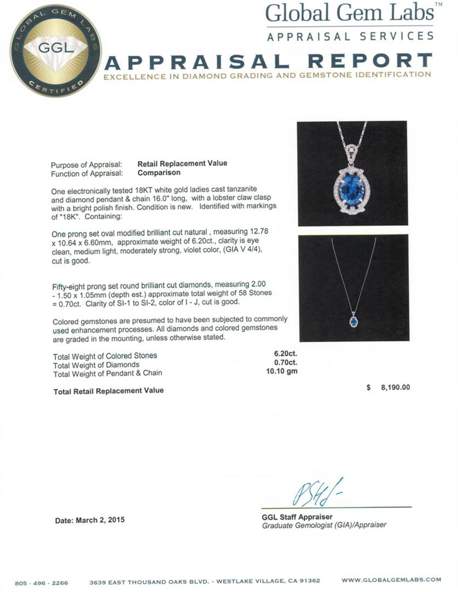 18KT White Gold 6.20 ctw Tanzanite and Diamond Pendant With Chain - Image 8 of 8