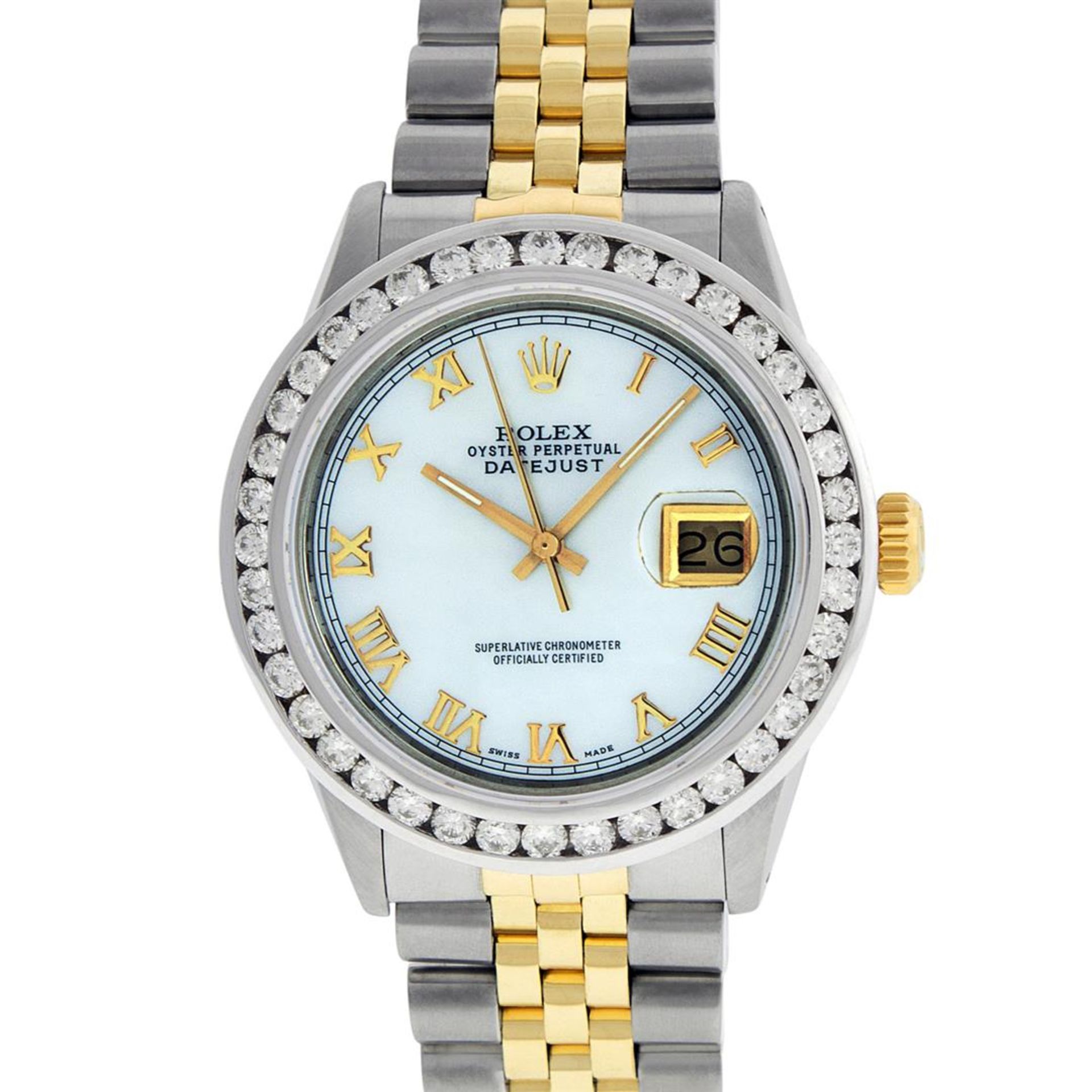 Rolex Mens 2 Tone MOP Roman 3 ctw Channel Set Diamond Datejust Wristwatch - Image 4 of 9
