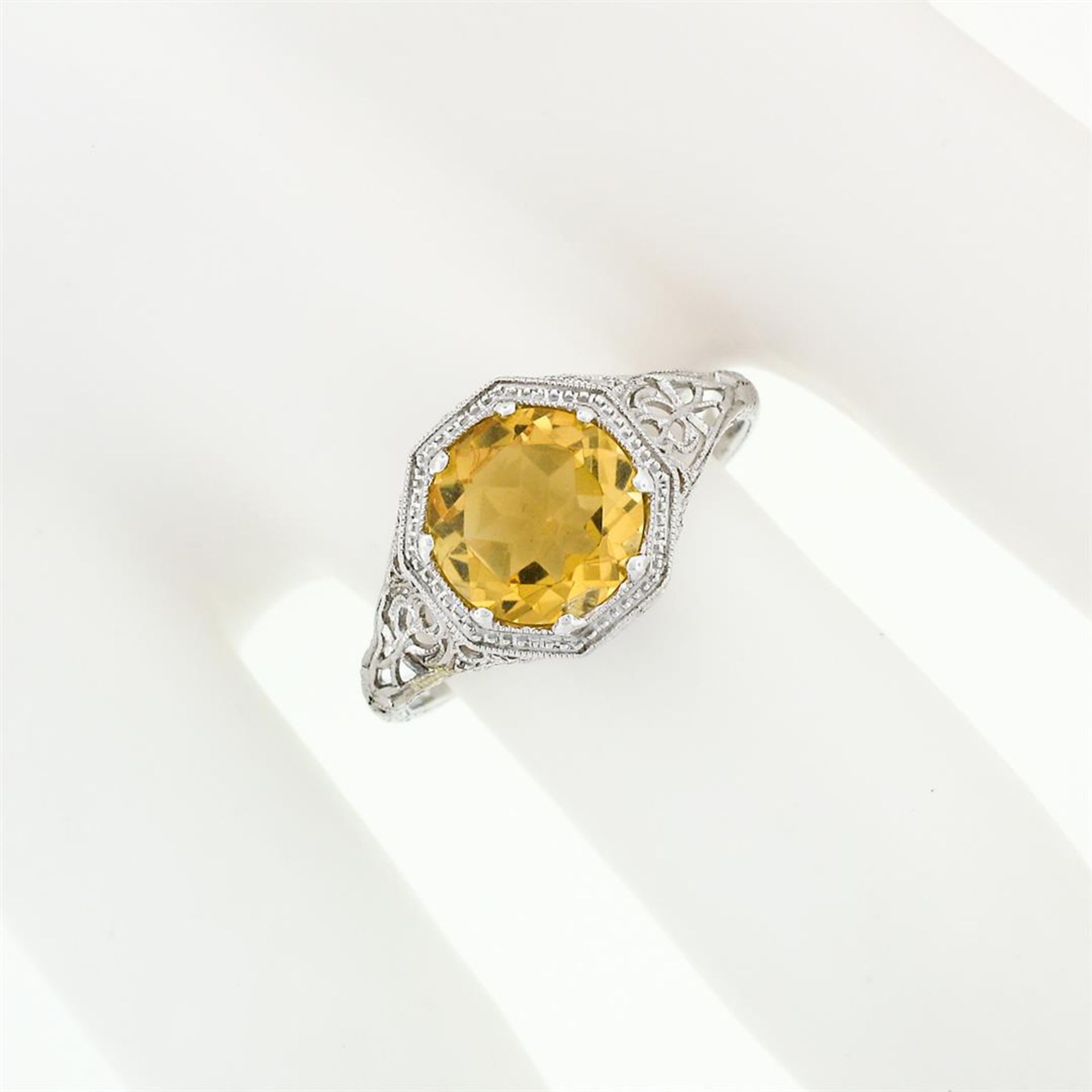 14k White Gold 1.80 ctw Fine Filigree & Milgrain Work Citrine Solitaire Ring - Image 6 of 14