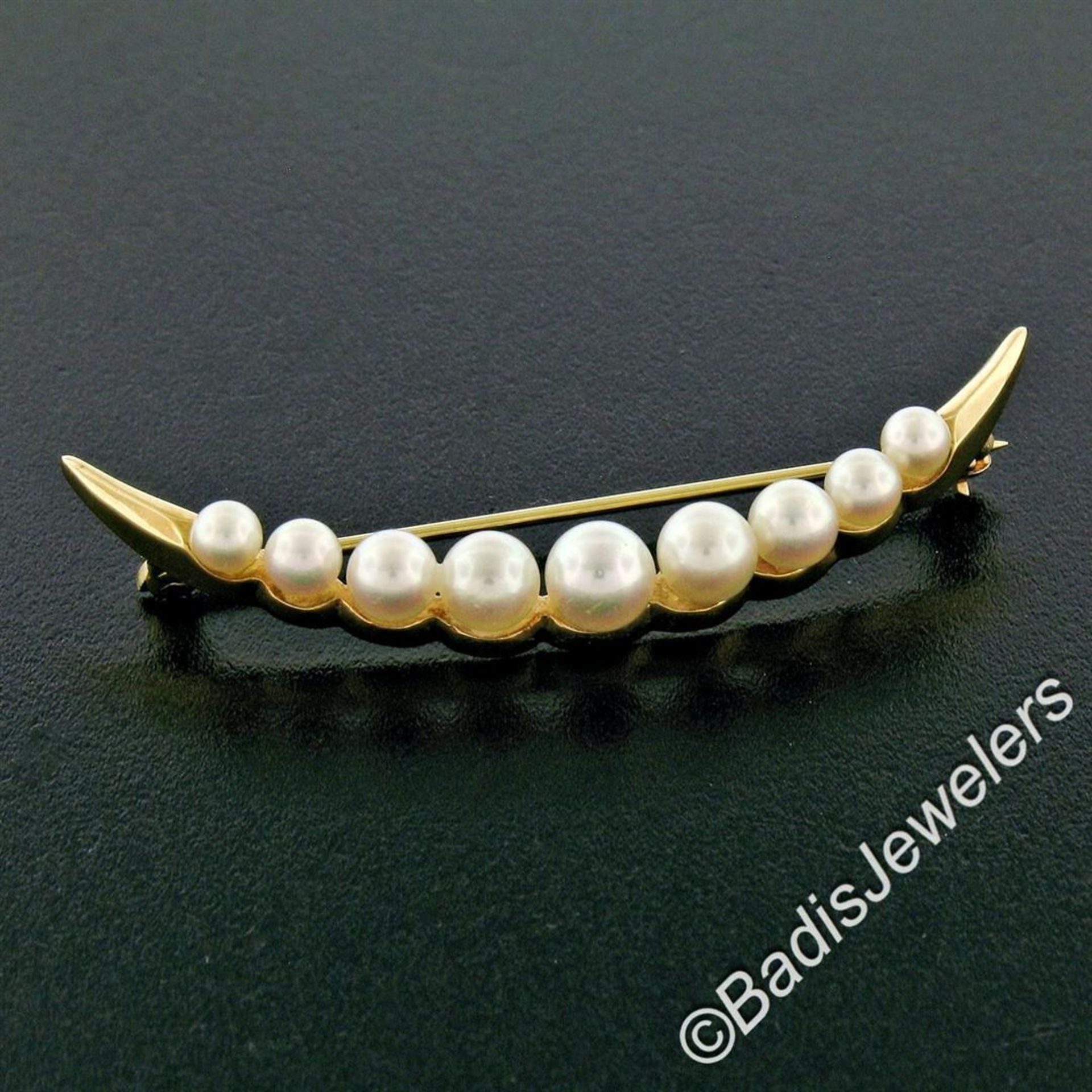 14kt Yellow Gold Graduated Round Cultured Pearl Polished Crescent Brooch - Image 2 of 6