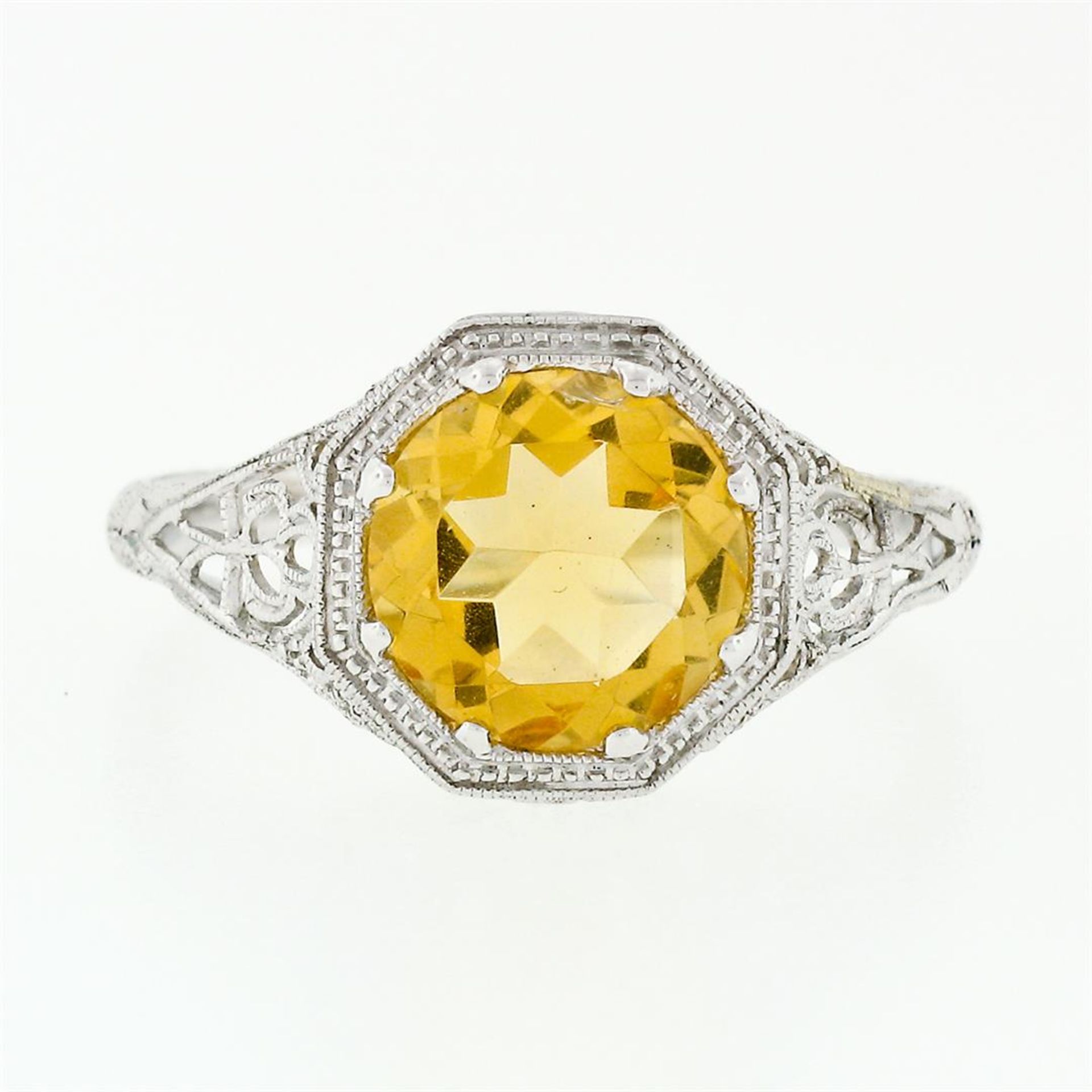 14k White Gold 1.80 ctw Fine Filigree & Milgrain Work Citrine Solitaire Ring - Image 7 of 14