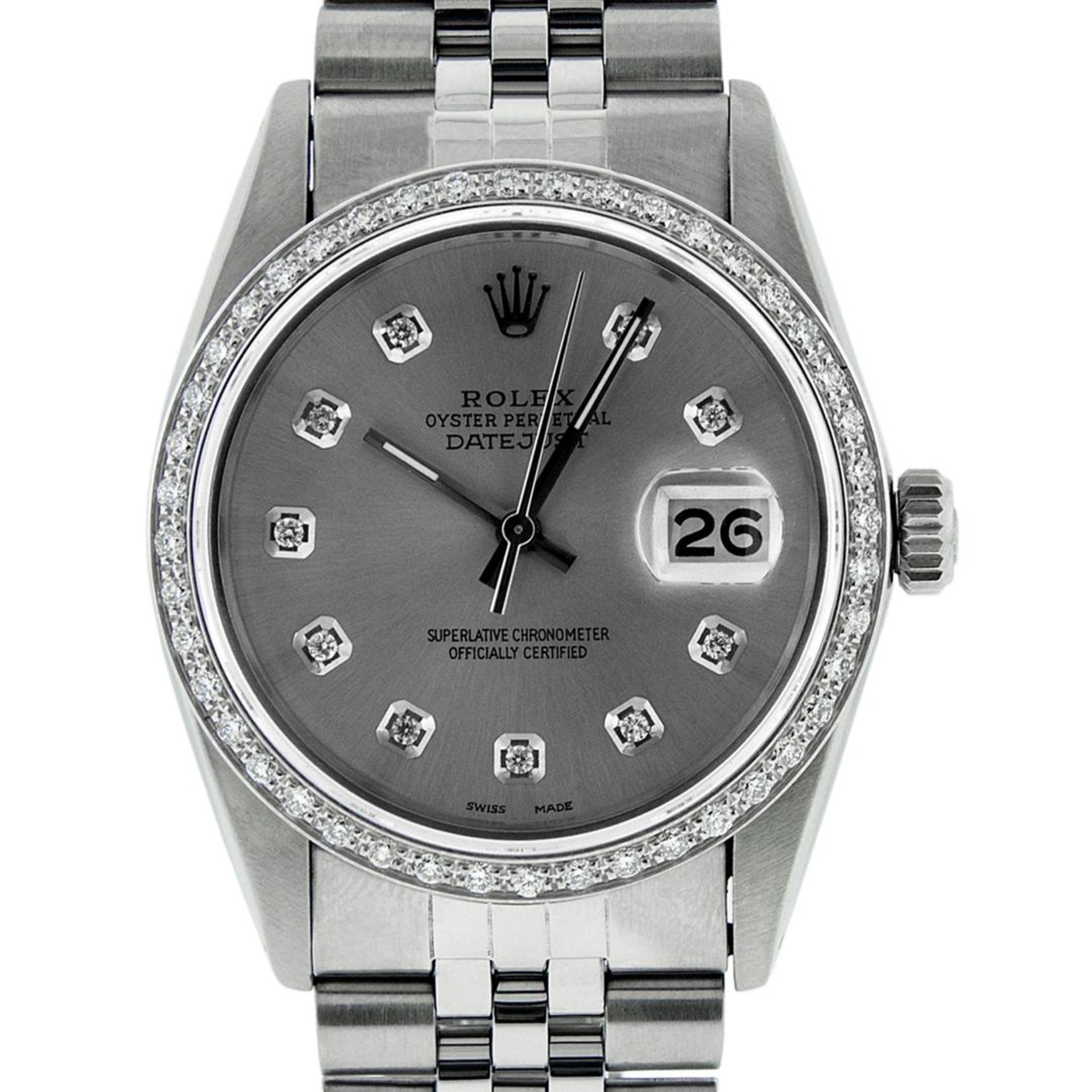 Rolex Mens Stainless Steel Slate Grey Lugs & Diamond Bezel Datejust Wristwatch - Image 3 of 16
