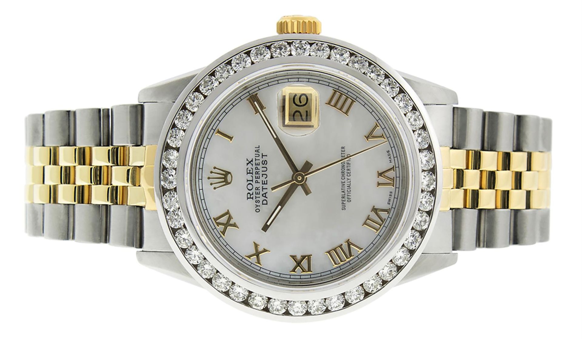 Rolex Mens 2 Tone MOP Roman 3 ctw Channel Set Diamond Datejust Wristwatch - Image 5 of 9