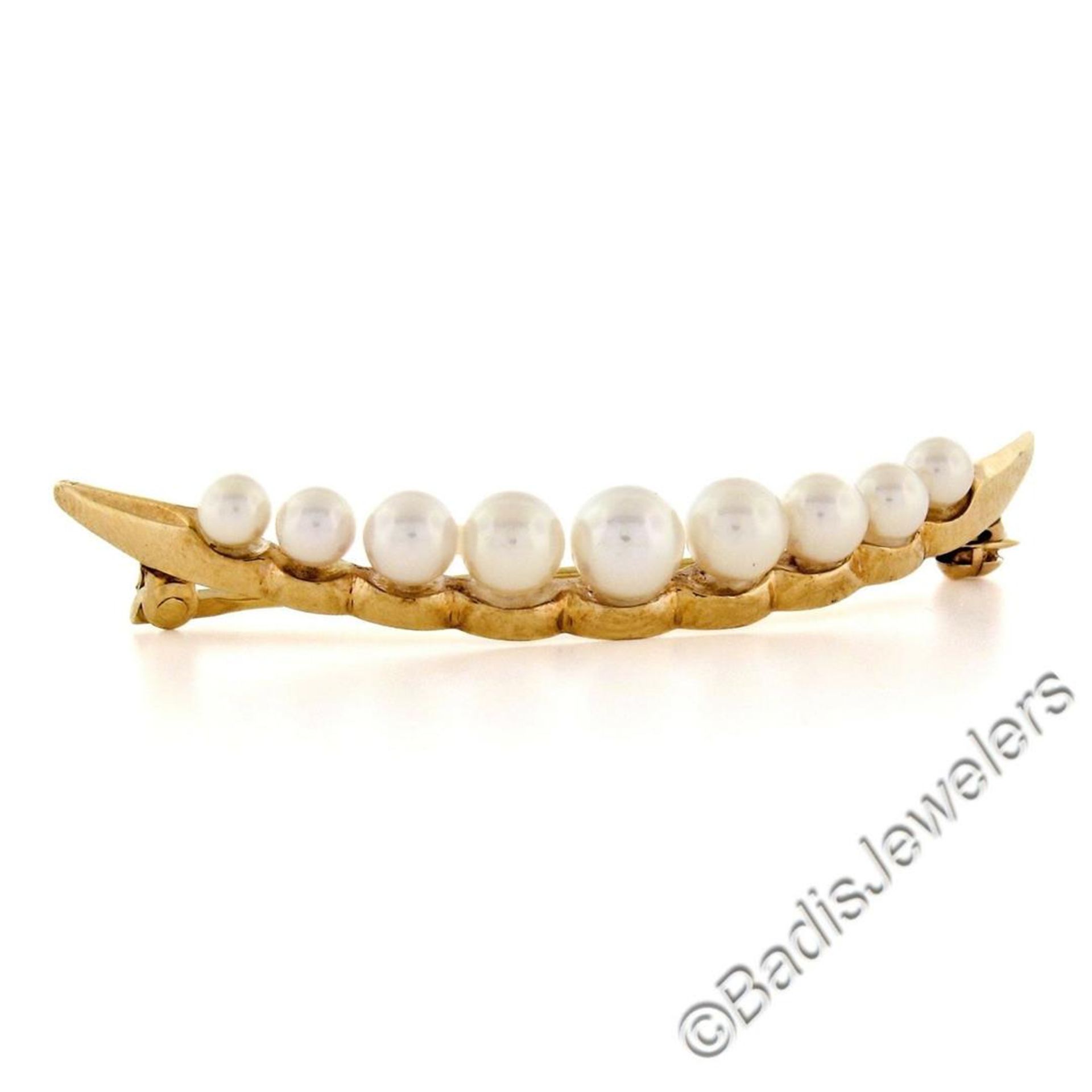14kt Yellow Gold Graduated Round Cultured Pearl Polished Crescent Brooch - Image 3 of 6