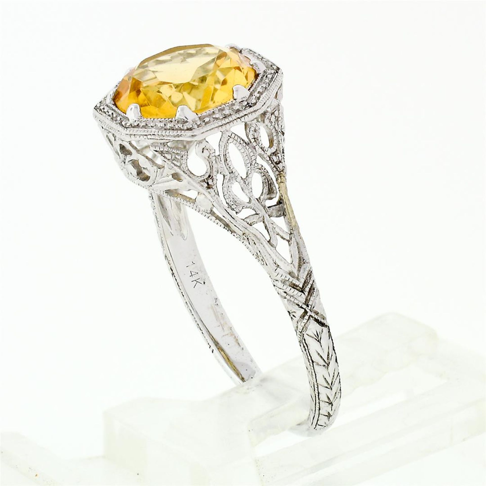 14k White Gold 1.80 ctw Fine Filigree & Milgrain Work Citrine Solitaire Ring - Image 9 of 14