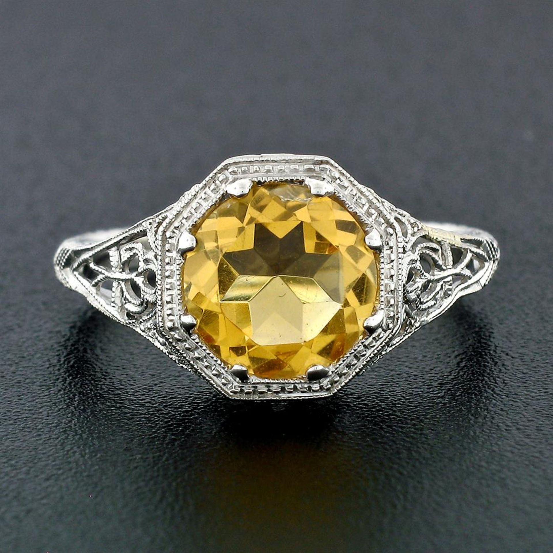 14k White Gold 1.80 ctw Fine Filigree & Milgrain Work Citrine Solitaire Ring - Image 3 of 14