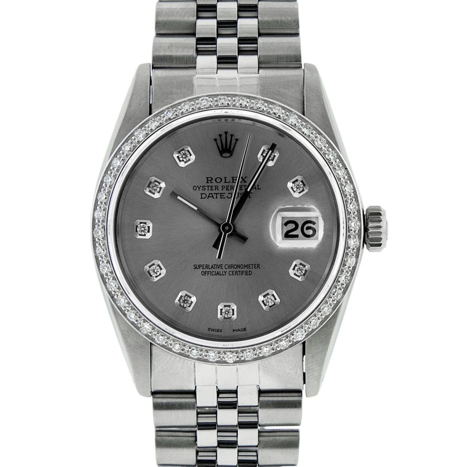 Rolex Mens Stainless Steel Slate Grey Lugs & Diamond Bezel Datejust Wristwatch