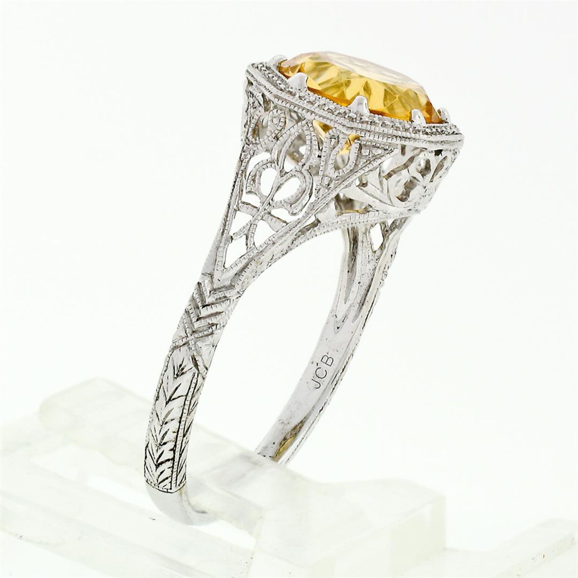 14k White Gold 1.80 ctw Fine Filigree & Milgrain Work Citrine Solitaire Ring - Image 12 of 14