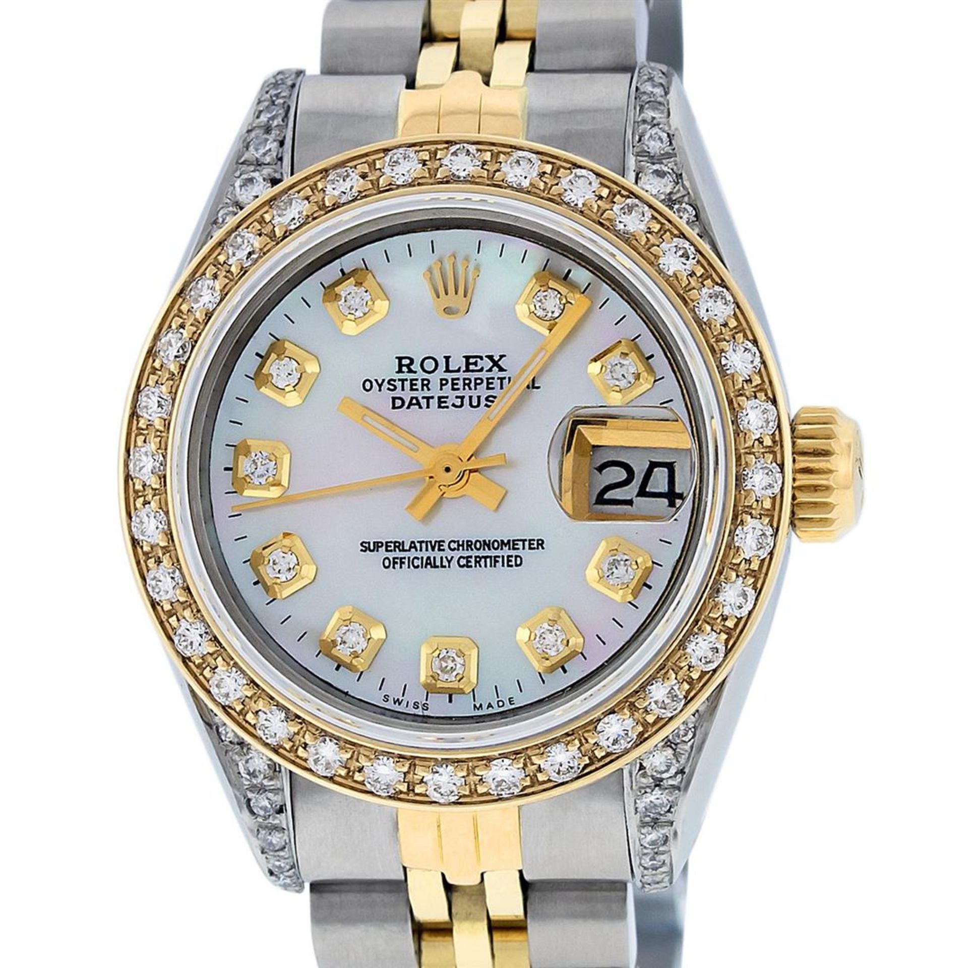 Rolex Ladies 2 Tone Quickset 18K MOP Diamond Lugs Datejust 26MM Wristwatch