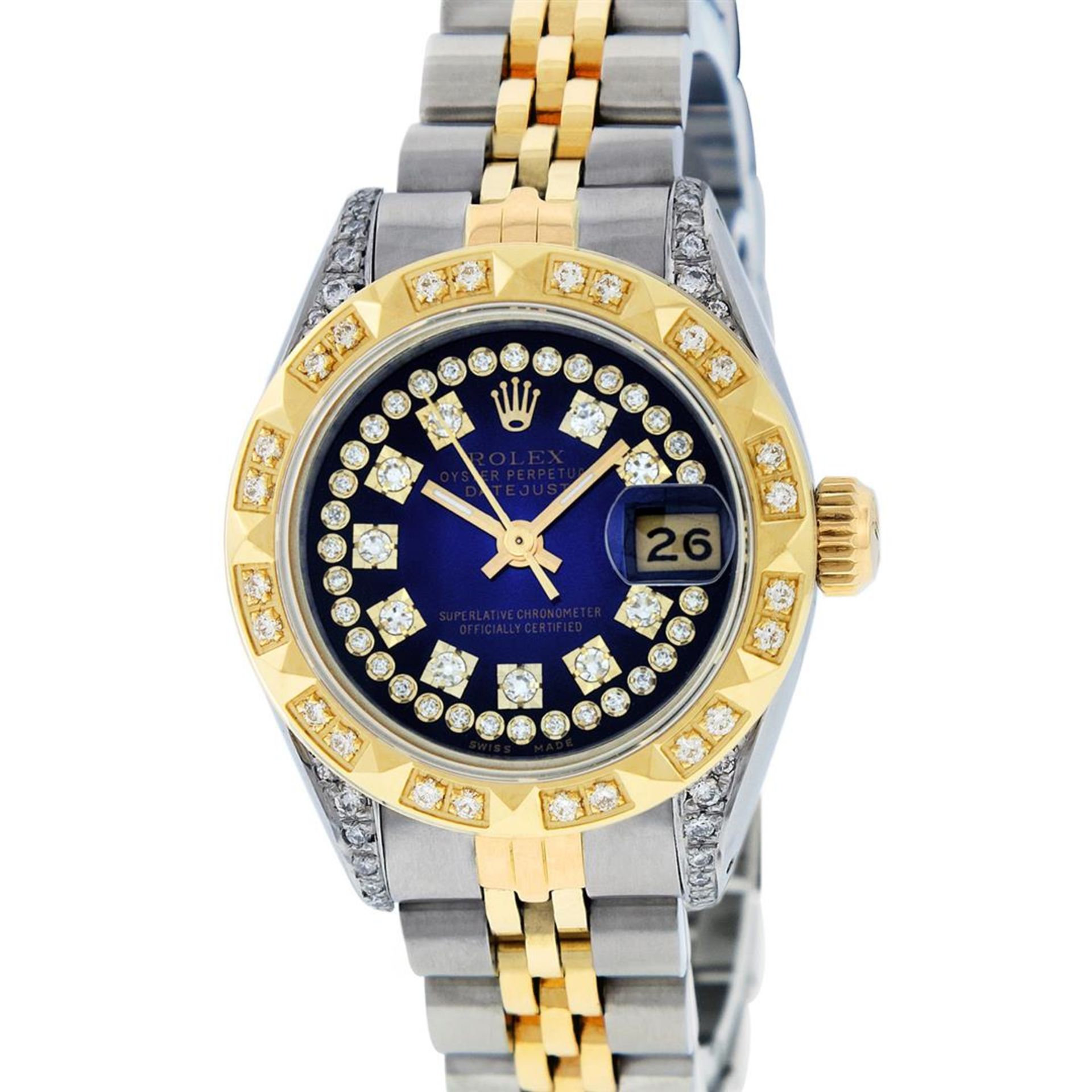 Rolex Ladies 2 Tone Blue Vignette Diamond Lugs Pyramid 26MM Datejust Wriswatch - Image 3 of 14