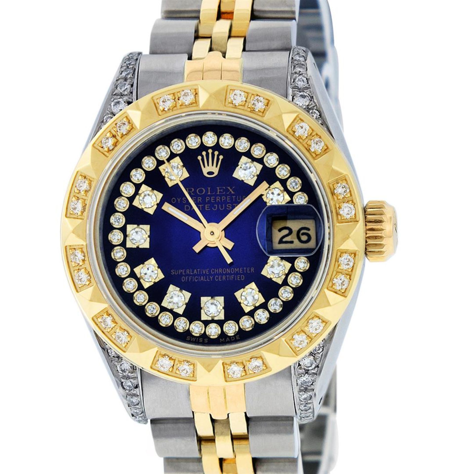 Rolex Ladies 2 Tone Blue Vignette Diamond Lugs Pyramid 26MM Datejust Wriswatch - Image 2 of 14
