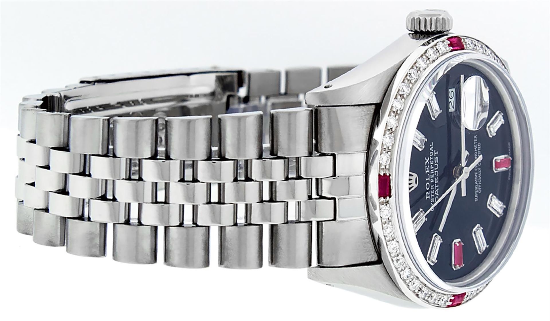 Rolex Mens Stainless Steel Black Baguette Diamond Ruby & 36MM Datejust Wristwatc - Image 3 of 9