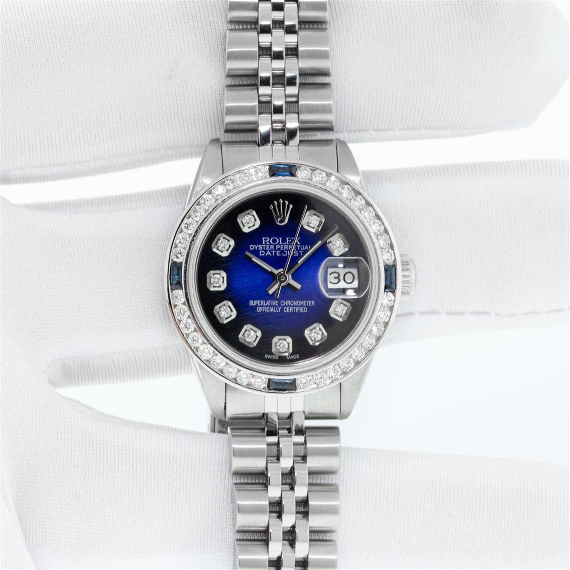 Rolex Ladies Stainless Steel Blue Vignette Diamond & Sapphire Datejust Wristwatc - Image 3 of 9