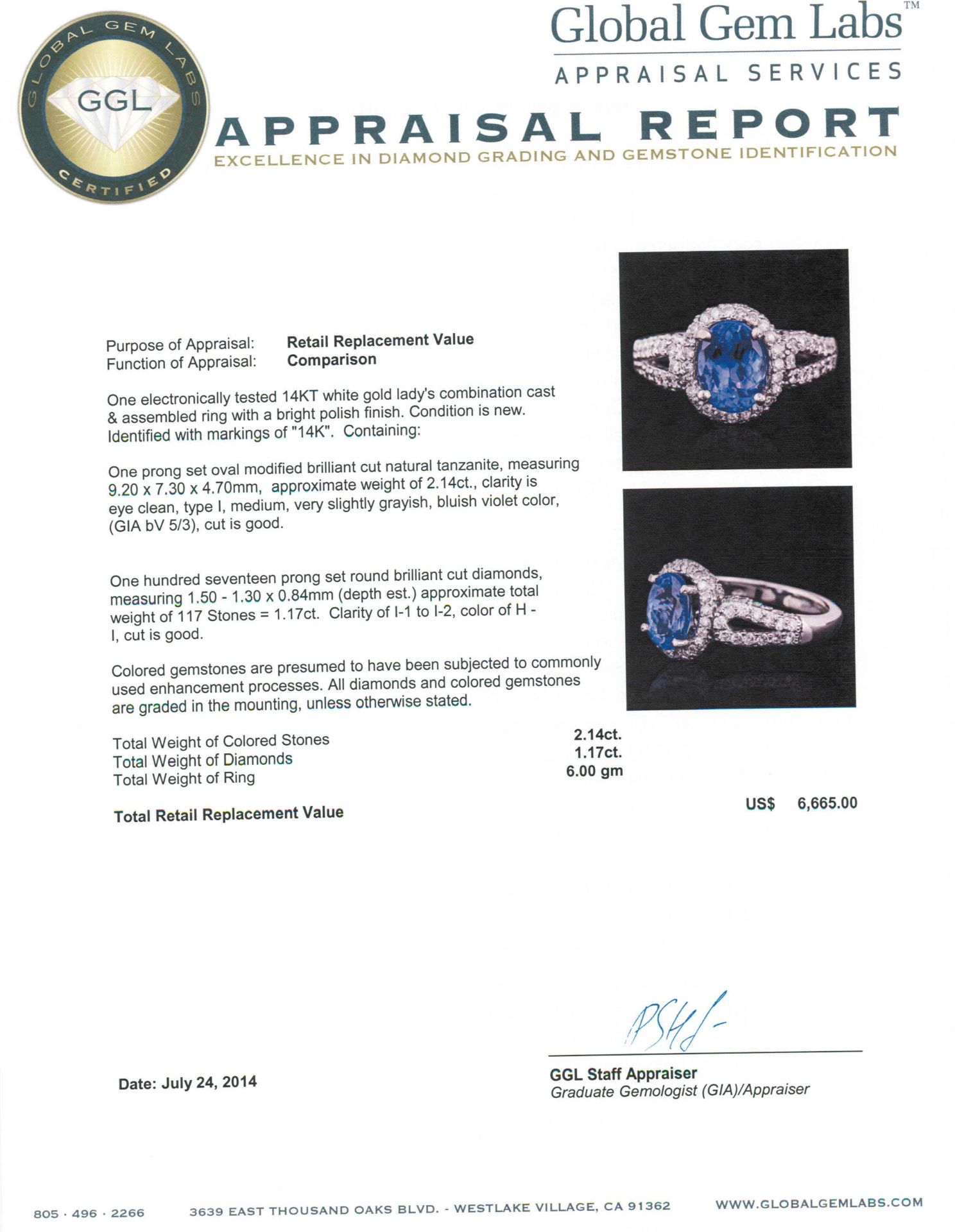 14KT White Gold 2.14 ctw Tanzanite and Diamond Ring - Image 5 of 5