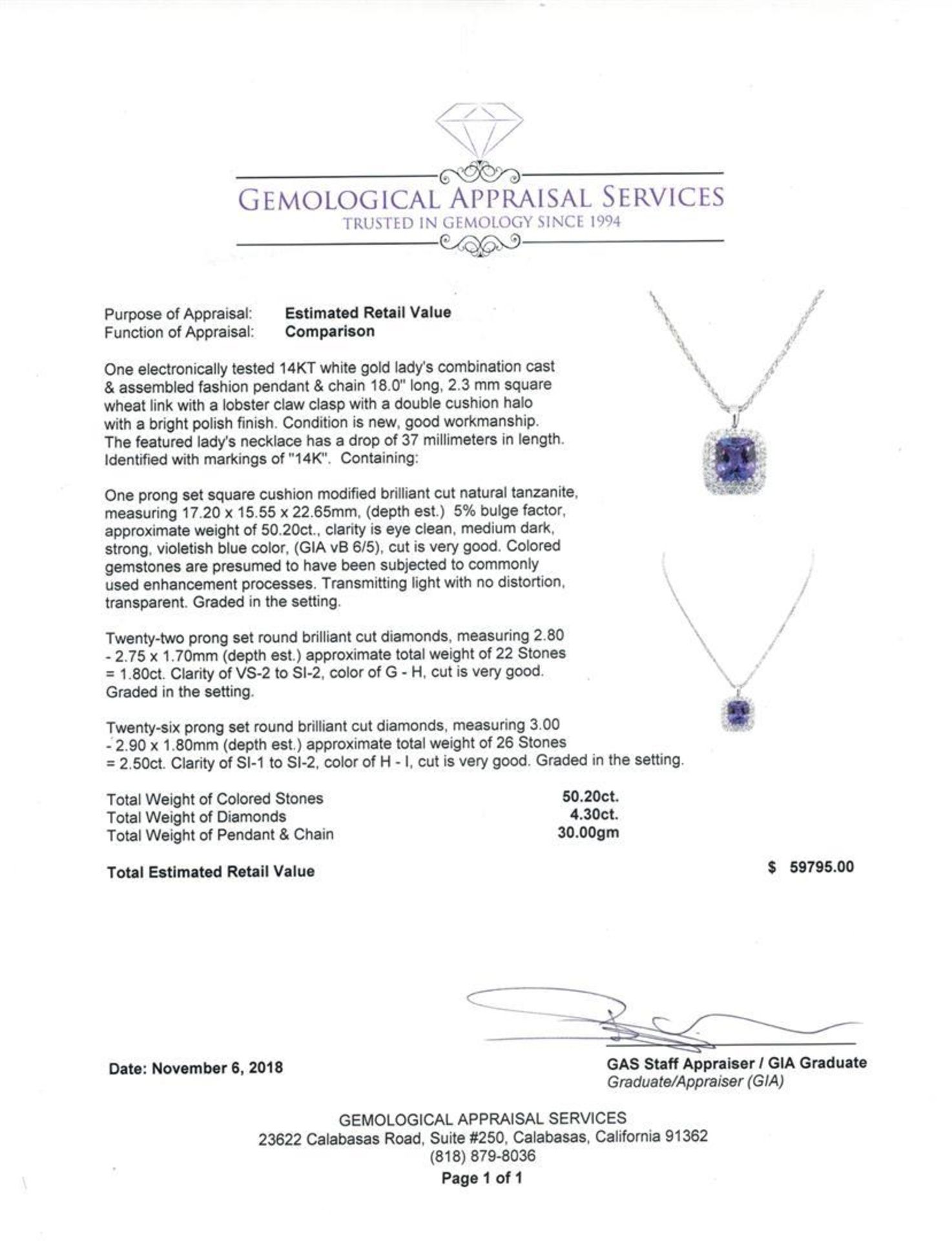 50.20 ctw Tanzanite and Diamond Pendant & Chain - 14KT White Gold - Image 3 of 3